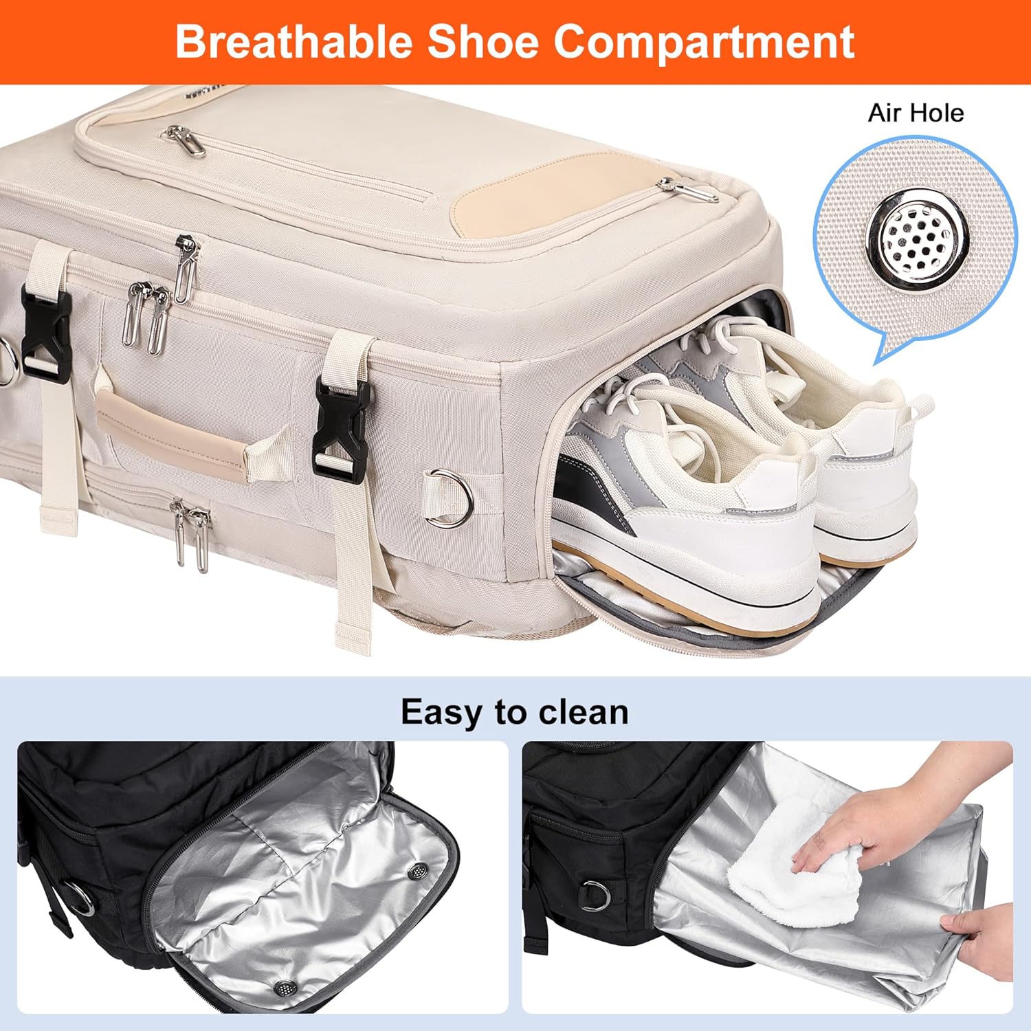 PIJUSHI Travel Backpack for Women Flight Approved Carry on Bag 16 inch Laptop Personal Item Daypack with Shoe Compartment(PE038 Beige) - Image 5