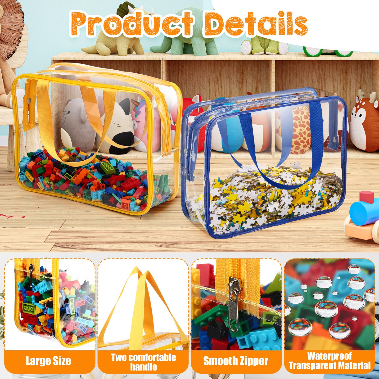 12 bolsas grandes de almacenamiento de juguetes de PVC transparentes con cremallera, bolsas de juguetes impermeables para bloques de construcción, rompecabezas y libros infantiles (color