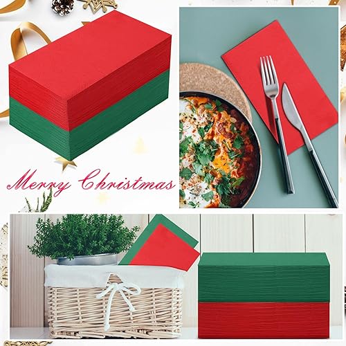Miniatura 4 de Teling 100 servilletas de Navidad desechables de papel rojo y verde para cena de Navidad, servilletas de mano para cena de Navidad para el hogar,