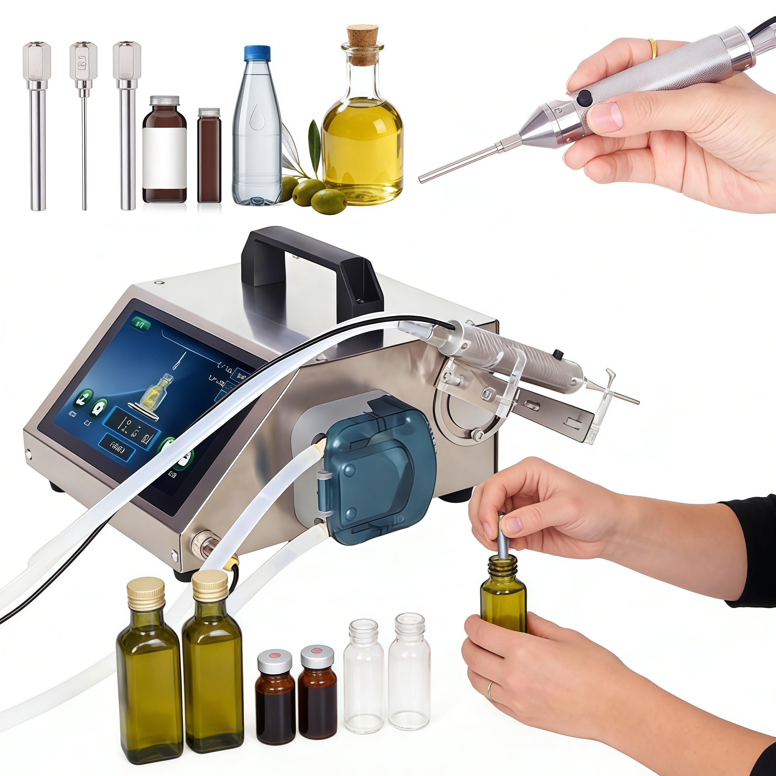 DIUNAOZI Professional Liquid Filling Machine, Small Bottle Filler with 1mm Needle Filling, 1-100ml Precision Filling for Essential Oil & Corrosive with 3 Nozzles (1.5/2.4/4.0mm) Hd1370
