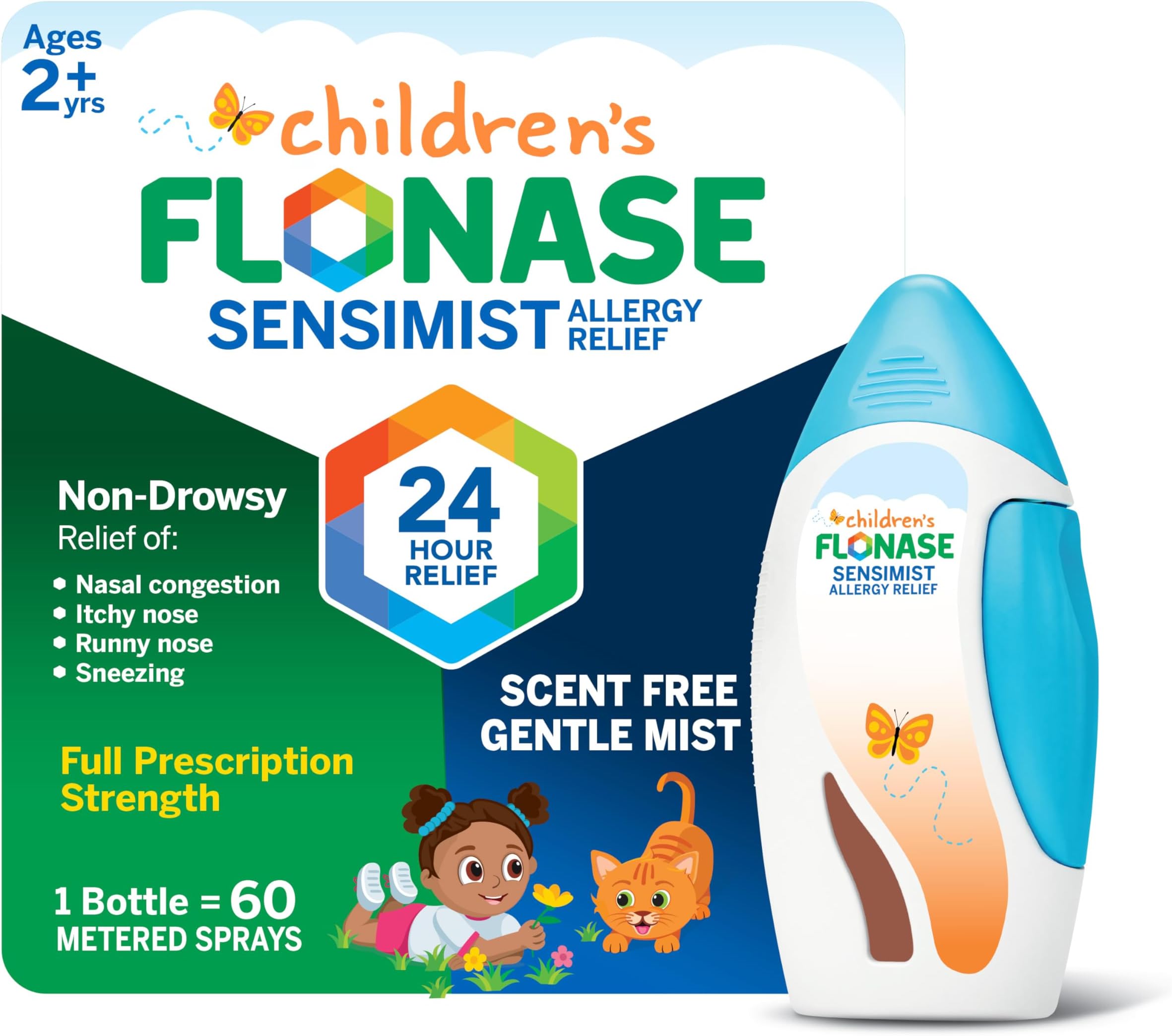 Flonase Children's Sensimist Allergy Relief Spray, 24 Hour Non-Drowsy Children's Allergy Medicine, Scent-Free, Alcohol-Free Fine Mist - 60 Sprays