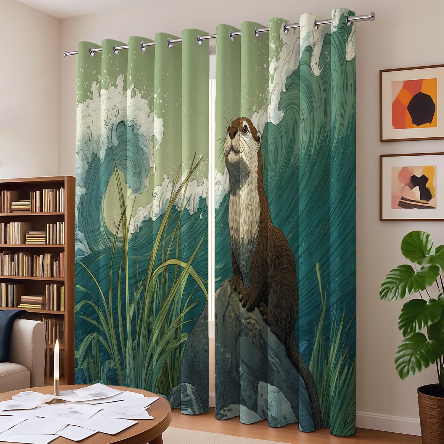 Genérico Kreskówka wieża wodna fale zasłona z nadrukiem - pranie w pralce zasłony sypialnia z oczkami, szałwiowa zieleń, 180 cm x 200 cm (2 panele)