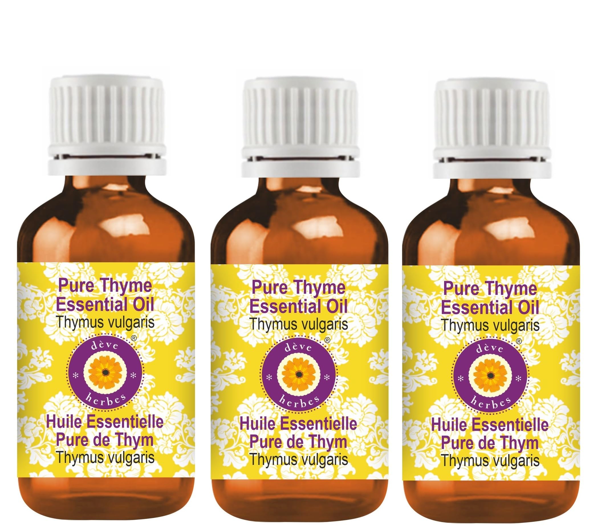 Deve Herbes Pure Thyme Essential Oil (Thymus vulgaris) Steam Distilled (Pack of Three) 100ml X 3(10 oz)