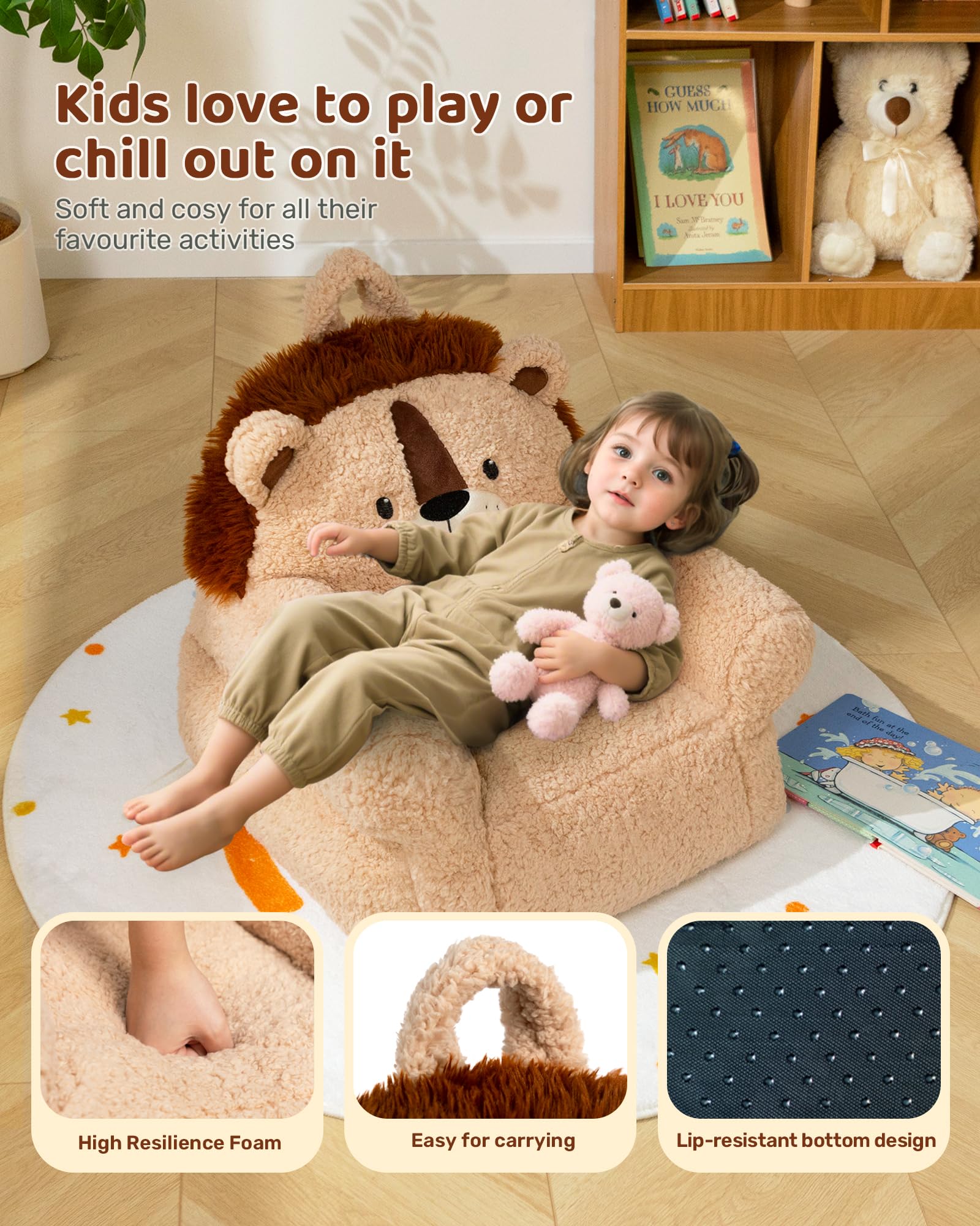BEJOY Canapé Confortable pour Enfant, Fauteuil Rembourré en Mousse, Canapé Simple Et Douillet en Sherpa pour Garçons Et Filles, Lion