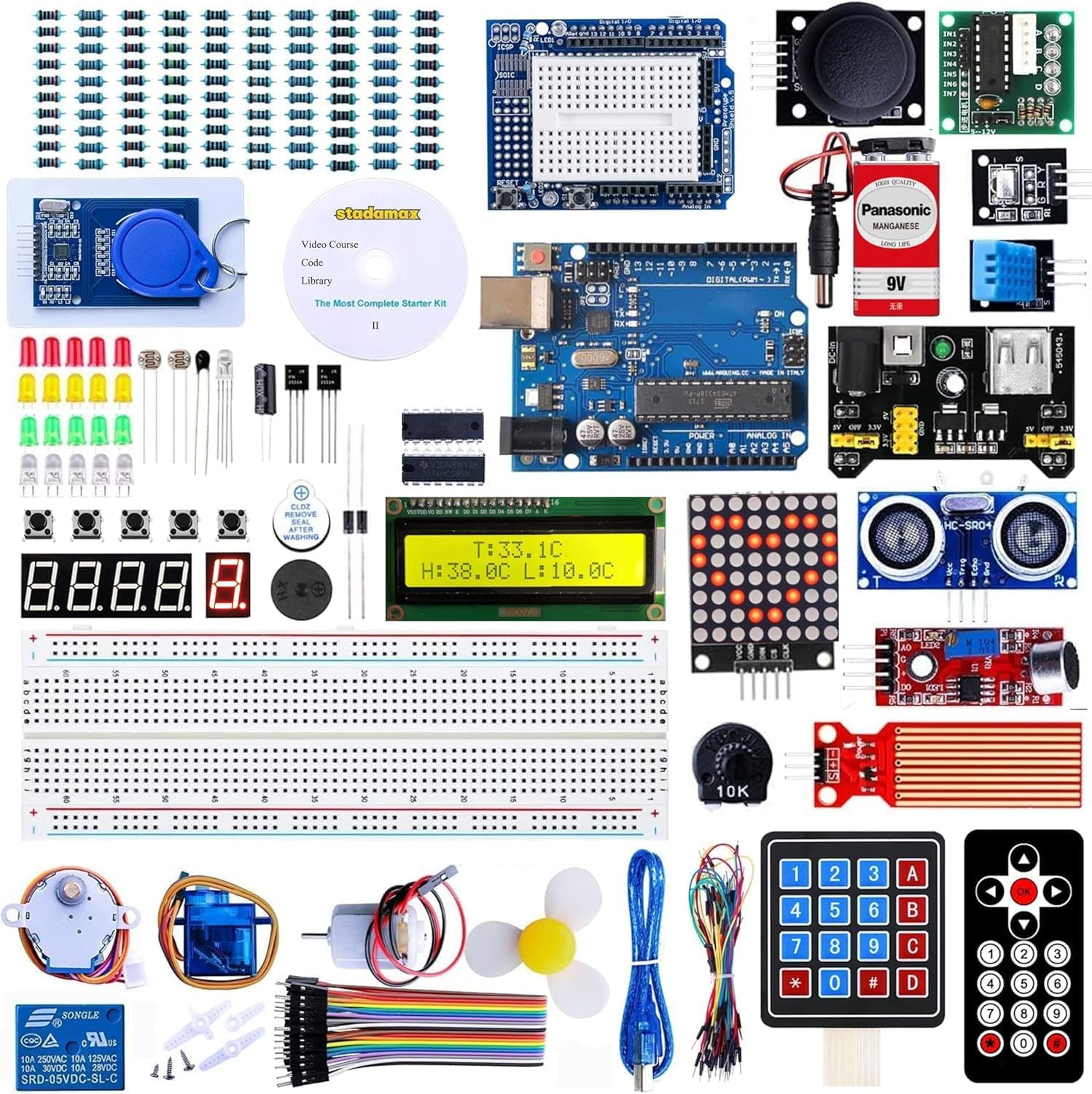 Uno R3 Kit Mega328 Tutorial | 40 in 1 Electronics Circuit Breadboard Engineering Kit for Kids and Engineers, 720P Video Courses and Online Technical Support for Beginners