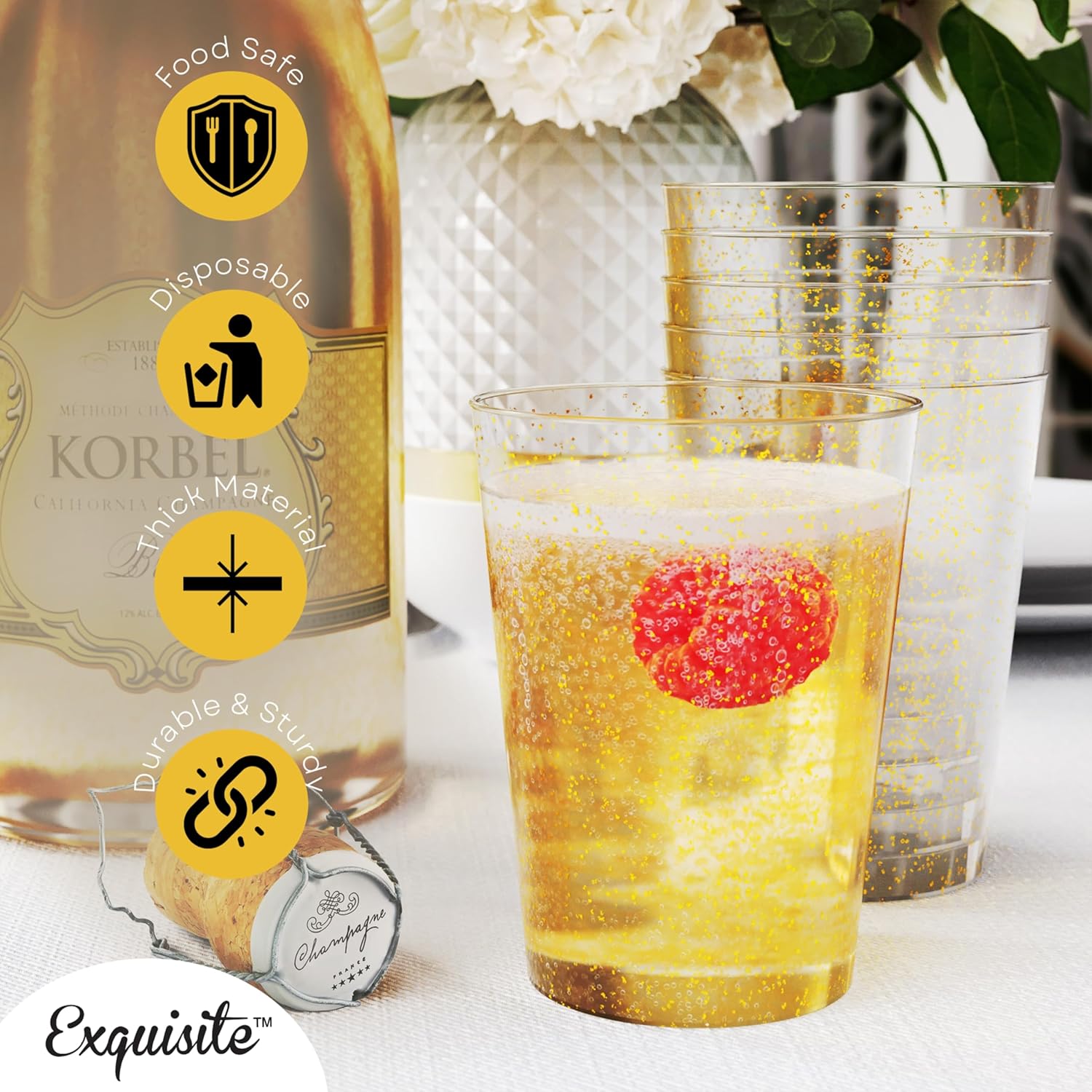 Exquisite Gold Plastic Cups Disposable, Clear Plastic Tumblers 10 Oz. 200 Ct. - Glitter Tumblers, Gold Glitter Cups Disposable For Party, Weddings, Cocktail Glasses & Wine Glasses
