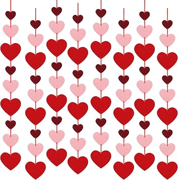 8 Packs Valentines Felt Heart Hanging String Garlands - NO DIY - Valentines Decorations - Valentines Party Decorations Supplies - Valentines Burgundy Pink Red Heart Garland Decorations