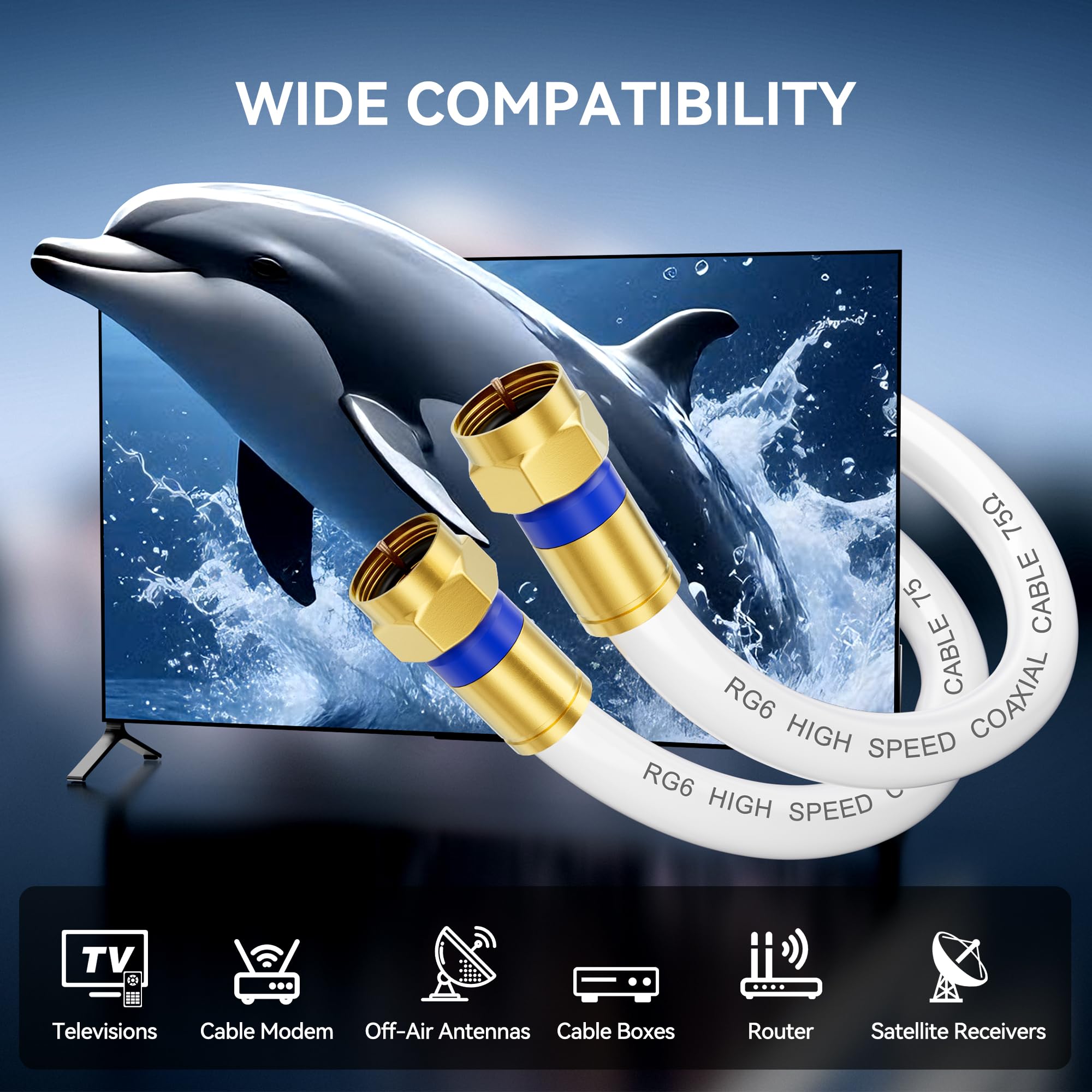Cavo coassiale 0,9 m/1,8 m/3,0 m/4,6 m/7,6 m/15,2 m/18,3 m/22,9 m/30,5 m, cavo coassiale RG6 con connettore dorato tipo F, Internet ad alta velocità per TV HD, modem, antenna digitale, satellite