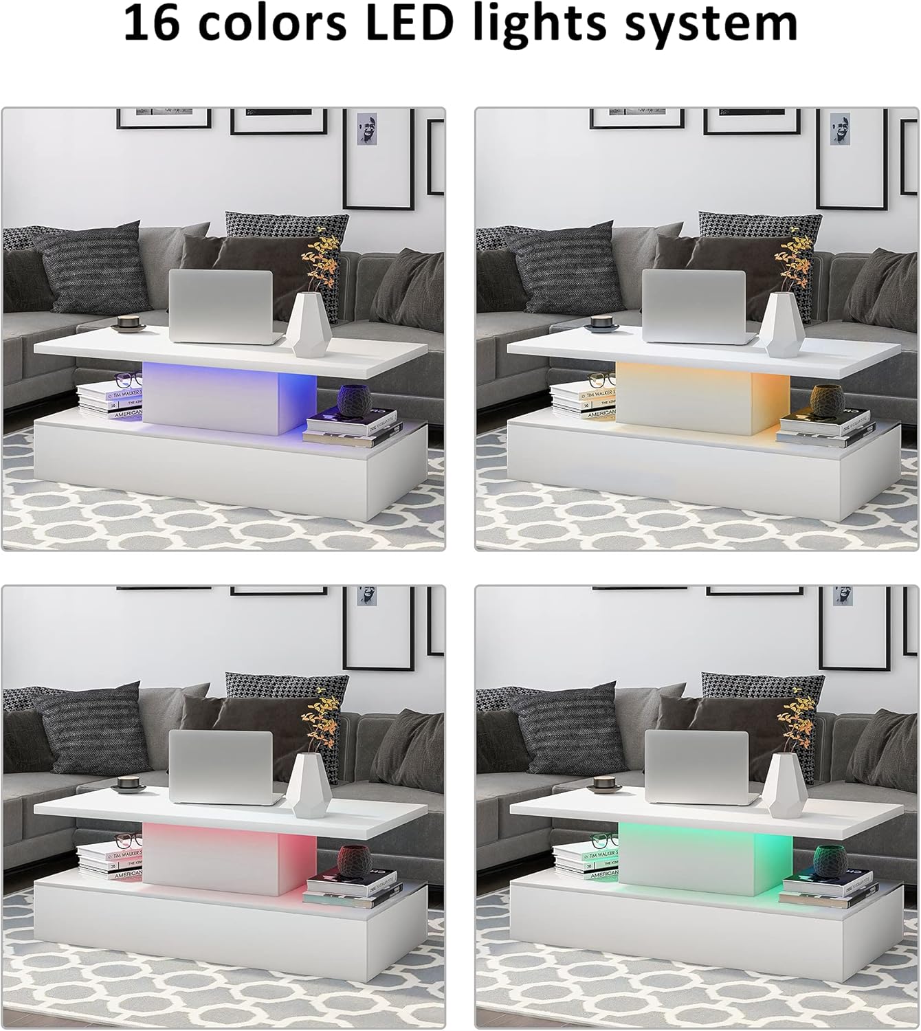 Yoluckea Stylish LED Coffee Table for Living Room High Gloss Rectangle Wooden Center Table with 16-Color LED Light Modern 2-Tier Cocktail Coffee Table w/Storage Shelf for Home Office(White-47.2" W)