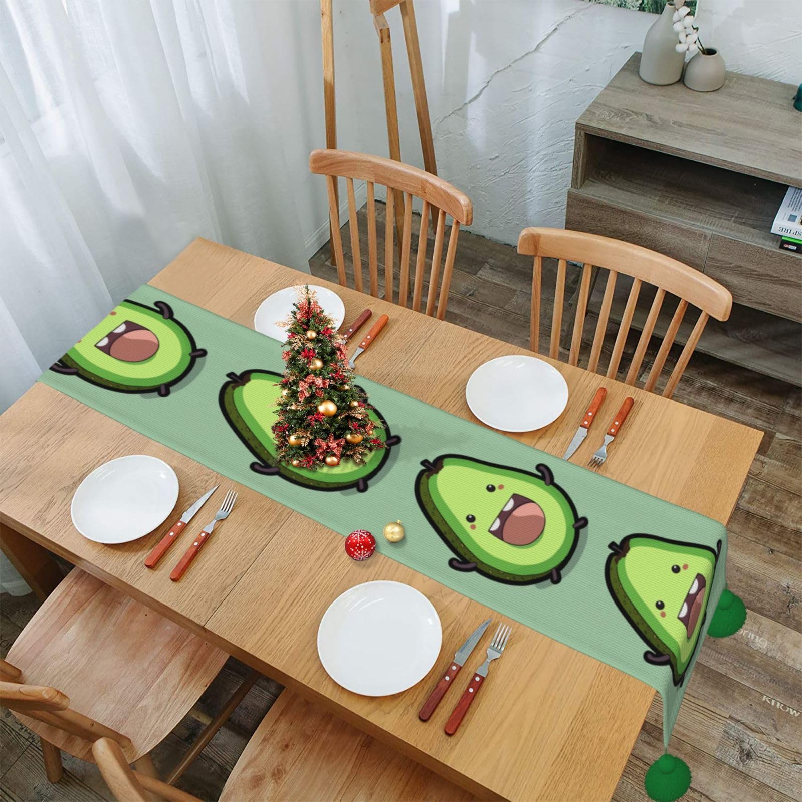 Chemin de table déco Noël motif avocat rustique automne franges 152cm