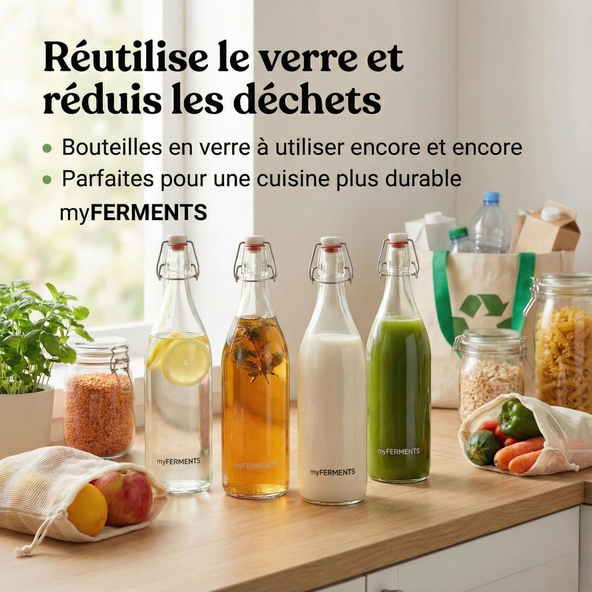 myFERMENTS Kit 6 Bouteilles 750ml en Verre Épais avec Bouchon Mécanique Hermétique | Set Complet Fermentation Bière Kombucha Kéfir Huile | Entonnoir 10cm, Tissu 50x50cm, Joint Porcelaine