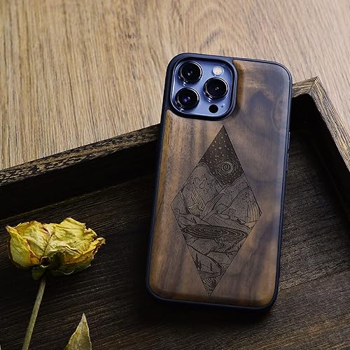 Miniatura 101 de Carveit Funda magnética de madera para iPhone 13 Pro [madera natural y TPU suave negro] funda protectora de madera única y elegante a prueba