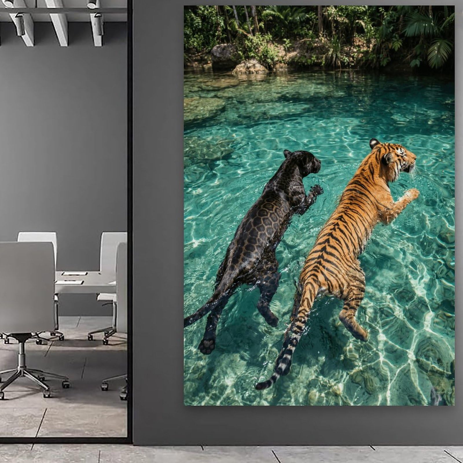 Póster de tigre y blanco nadando en el río de la selva, impresión en lienzo de gatos salvajes, arte de pared tropical para amantes de la naturaleza, 60 x 90 cm