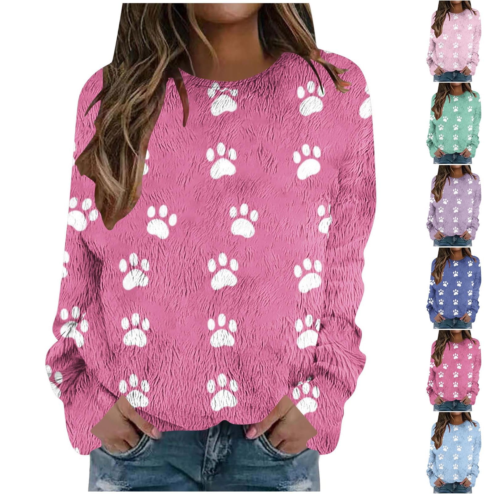 Dog and Cat Mom Sweater Fuzzy Fluffy Paw Flannel Crewneck Pullover Pet Lover Matching Clothing 2026 Spring Fashion