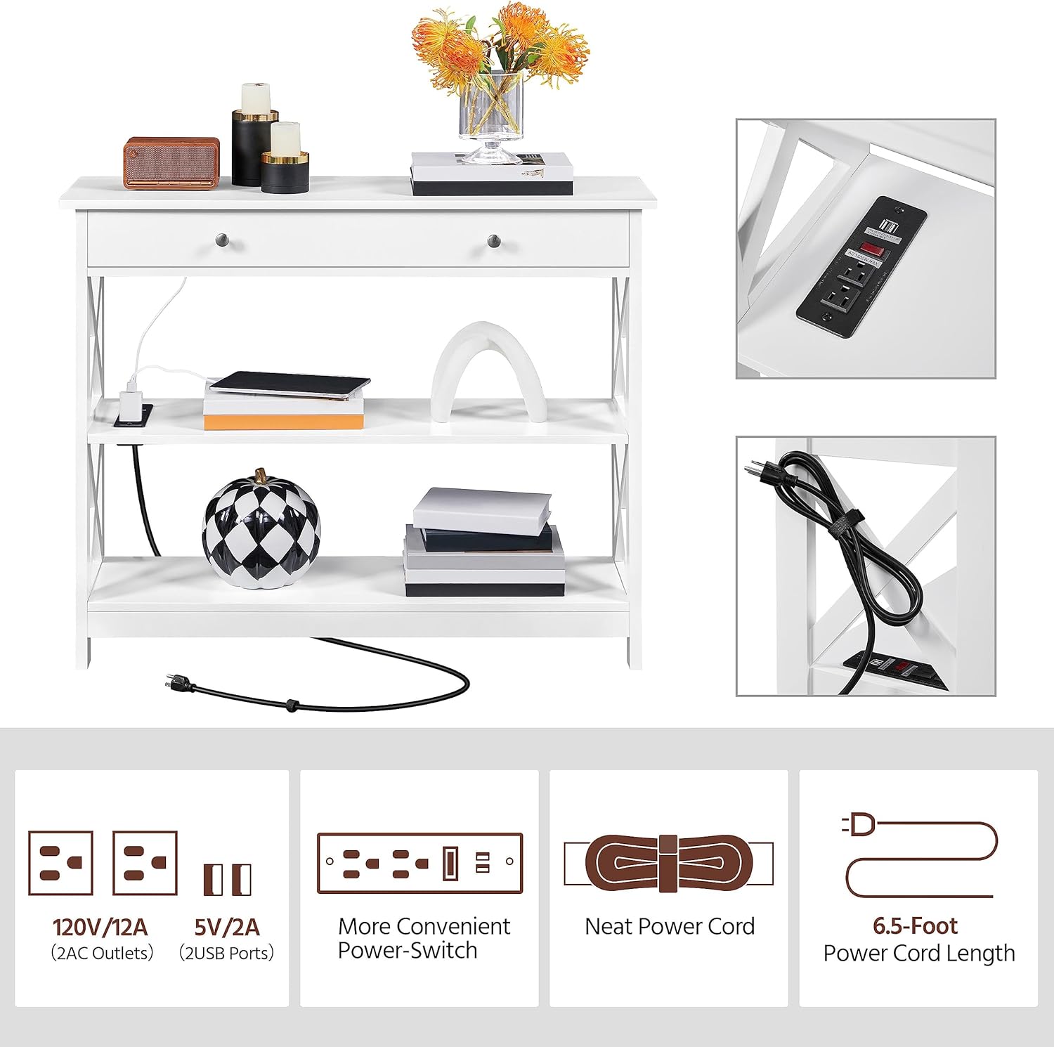 Yaheetech Entryway Table with Drawer, Wood Console Table with Outlets and USB Ports, Sofa Tables Narrow Long with Storage Shelves for Living Room, Hallway, Foyer, White