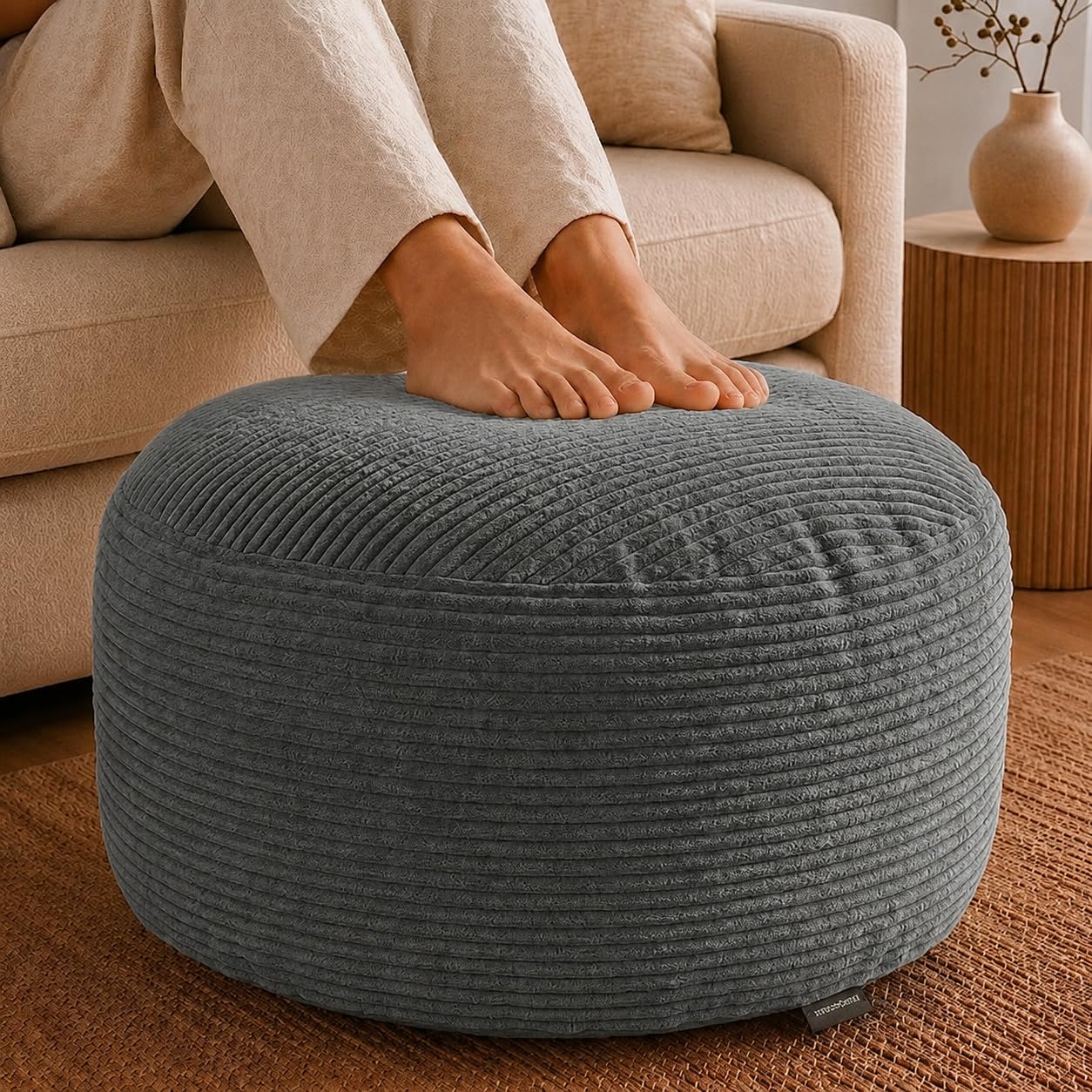 Stuffed Pouf Ottoman,Corduroy Foot Rest,Charcoal Gray,28 Inch