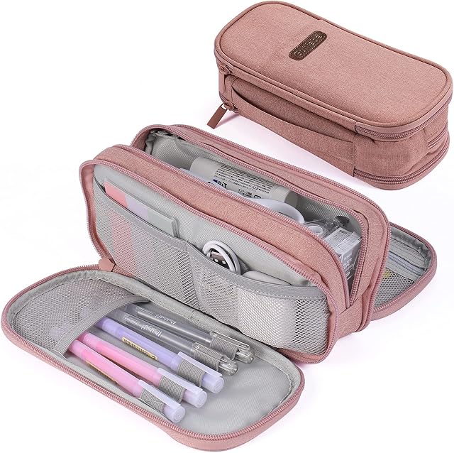 Large Pencil Case Big Capacity Pen Bag 3 Compartment Large Storage Pouch Marker Pen Case with Zipper Waterproof Portable for School Girls Boys Teens (Pink)