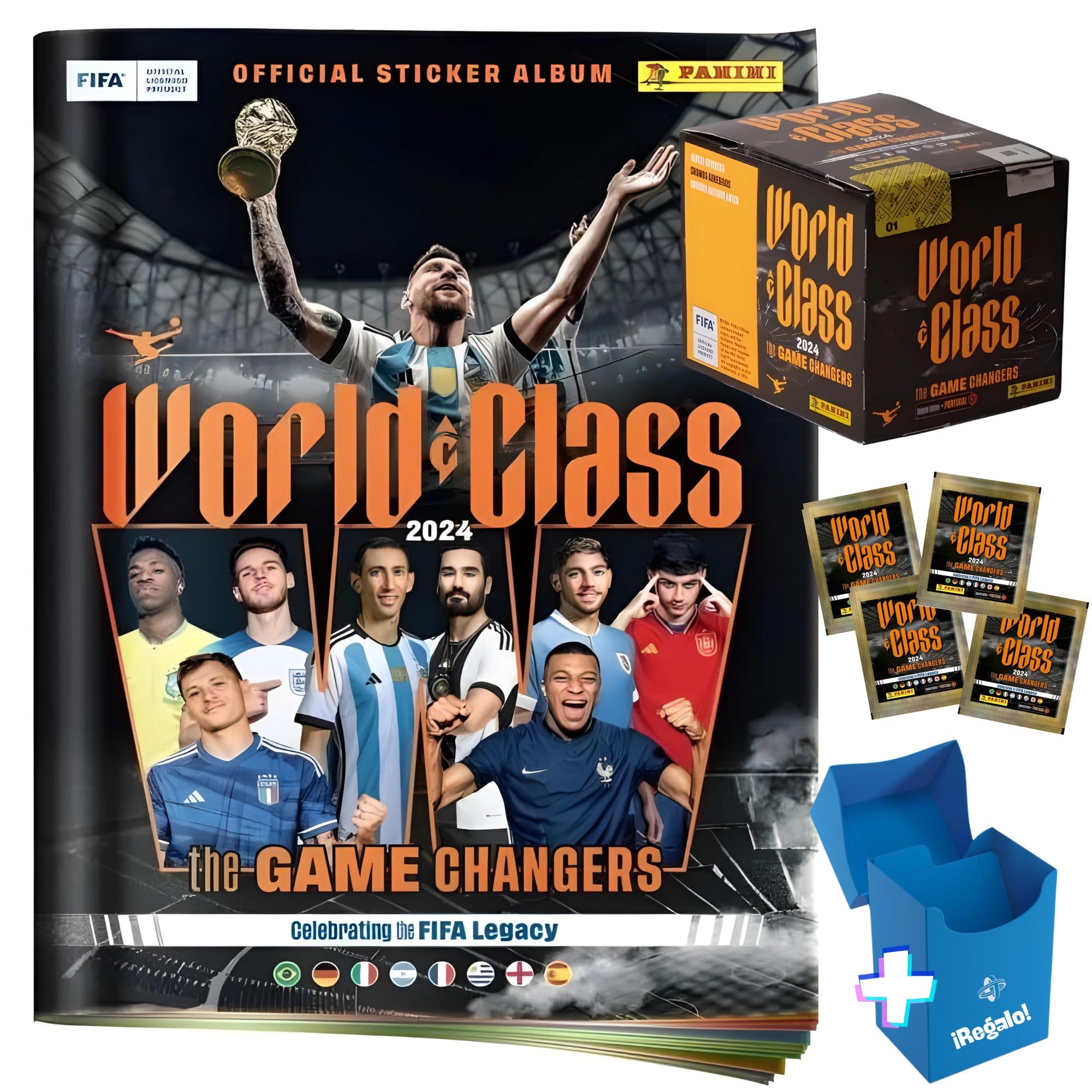Panini Cromos World Class 2024 | Set con album y 4 cromos de regalo | Sobres adicionales de futbol | Caja de regalo para cartas repetidas | Selecciones campeonas (Álbum+50 sobres)