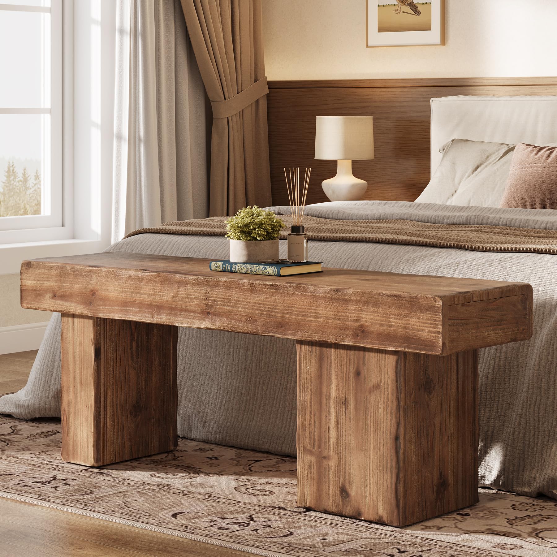 Thickened Solid Wood Bench, 47" Rustic Farmhouse Entryway Bench with Artistic Legs, Heavy Duty Dining Bench for Kitchen, Living Room, Hallway, End of Bed, Natural Wood