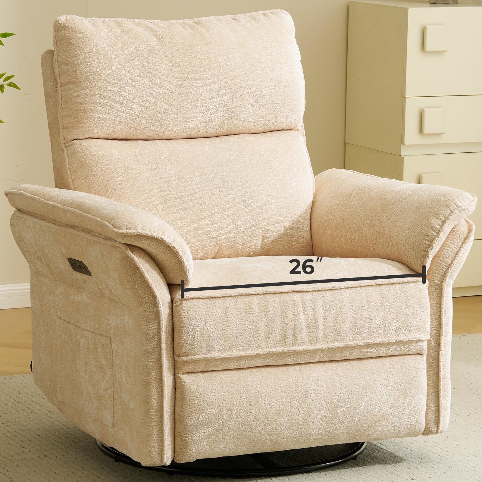 Oversized Power Recliner Chair Swivel Glider with Massage and Heat, Rocker Nursery Recliner for Adults with Adjustable Headrest, 26" Extra Wide Nursery Chair with Overstuffed Armrest,Beige