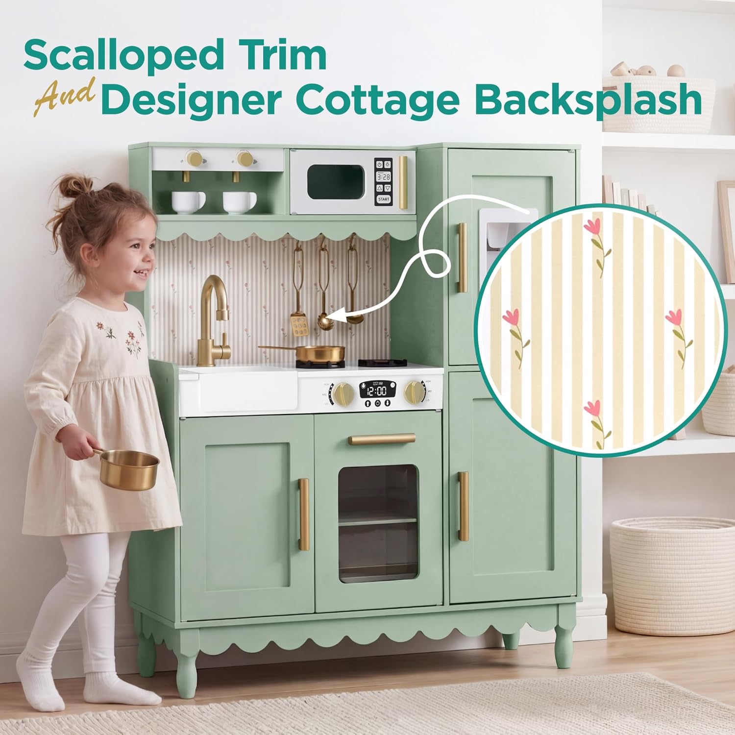 Best Choice Products Play Kitchen for Kids, Cottage Style Kids Kitchen Playset for Toddlers, Pretend Play Toy Kitchen w/ 11Pcs, Espresso Machine, Microwave, Oven, Refrigerator w/Ice - Sage