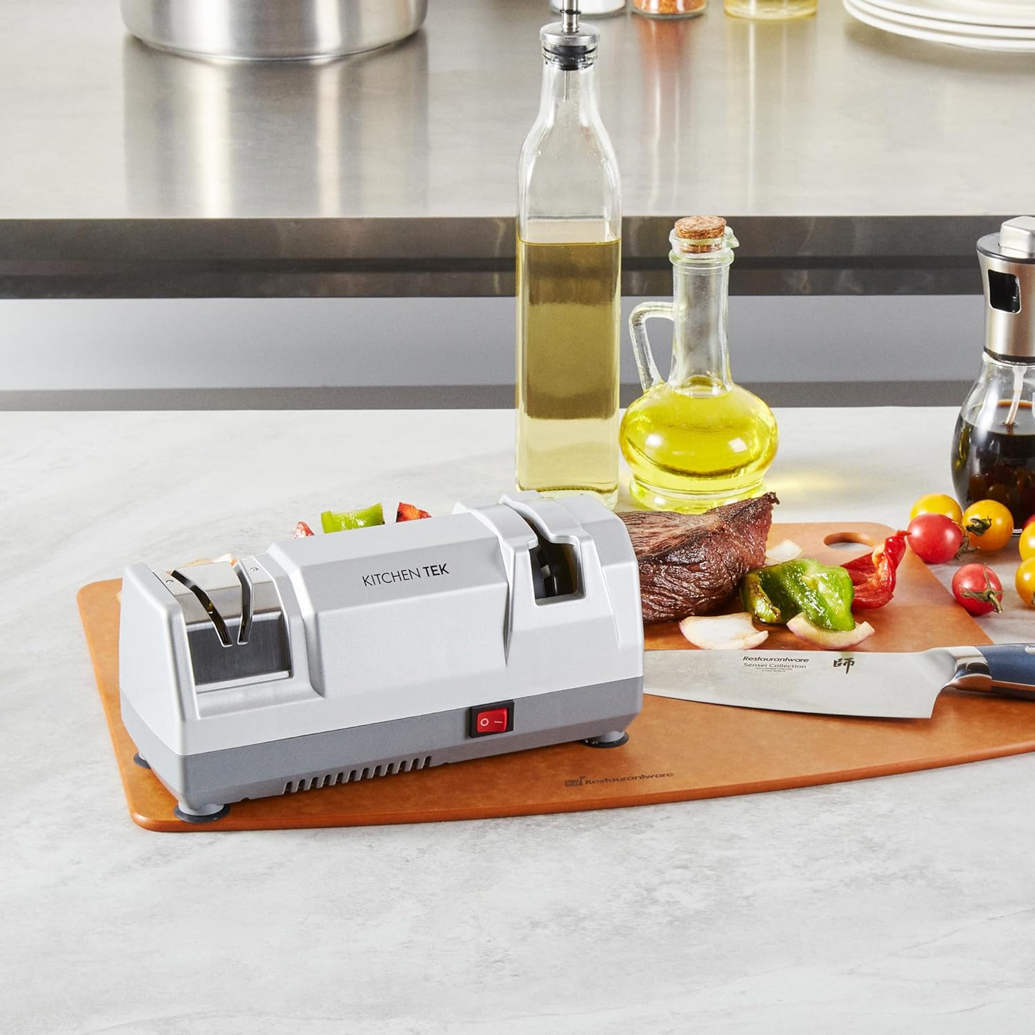 Restaurantware-Kitchen Tek 2-Stage Electric Knife Sharpener, 1 Straight-Edge Knife Sharpener With Diamond Grinding Wheel - 120 Voltage, Quick Sharpening, Gray Plastic, For Kitchen Knives