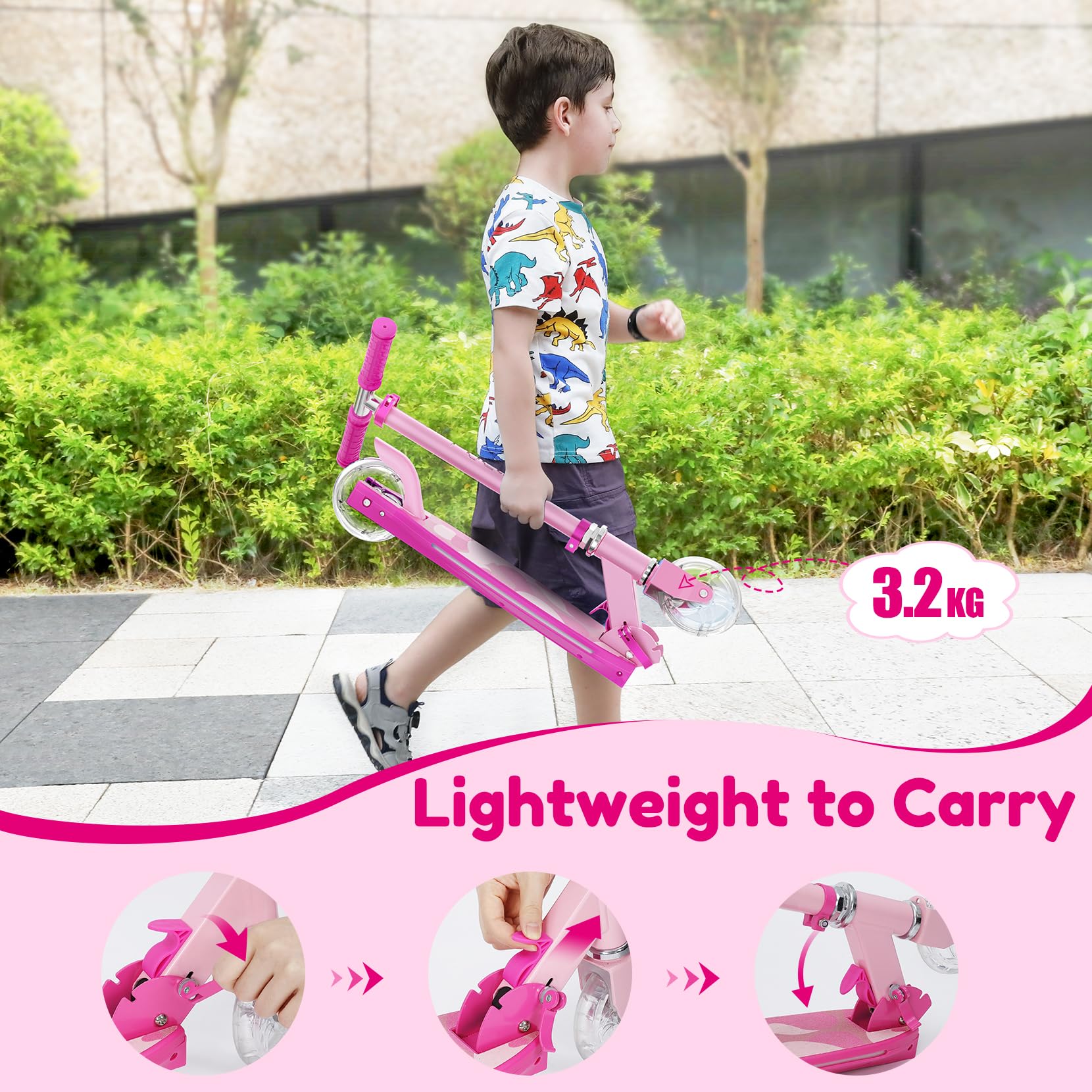 TONBUX Patinete Niños de 5 a 12 Años, Patinete Niños con Poste de Iluminación Fresco, Ruedas y Plataforma, Patinete de Altura Ajustable de Nivel 4, Patinete Ligero Plegable