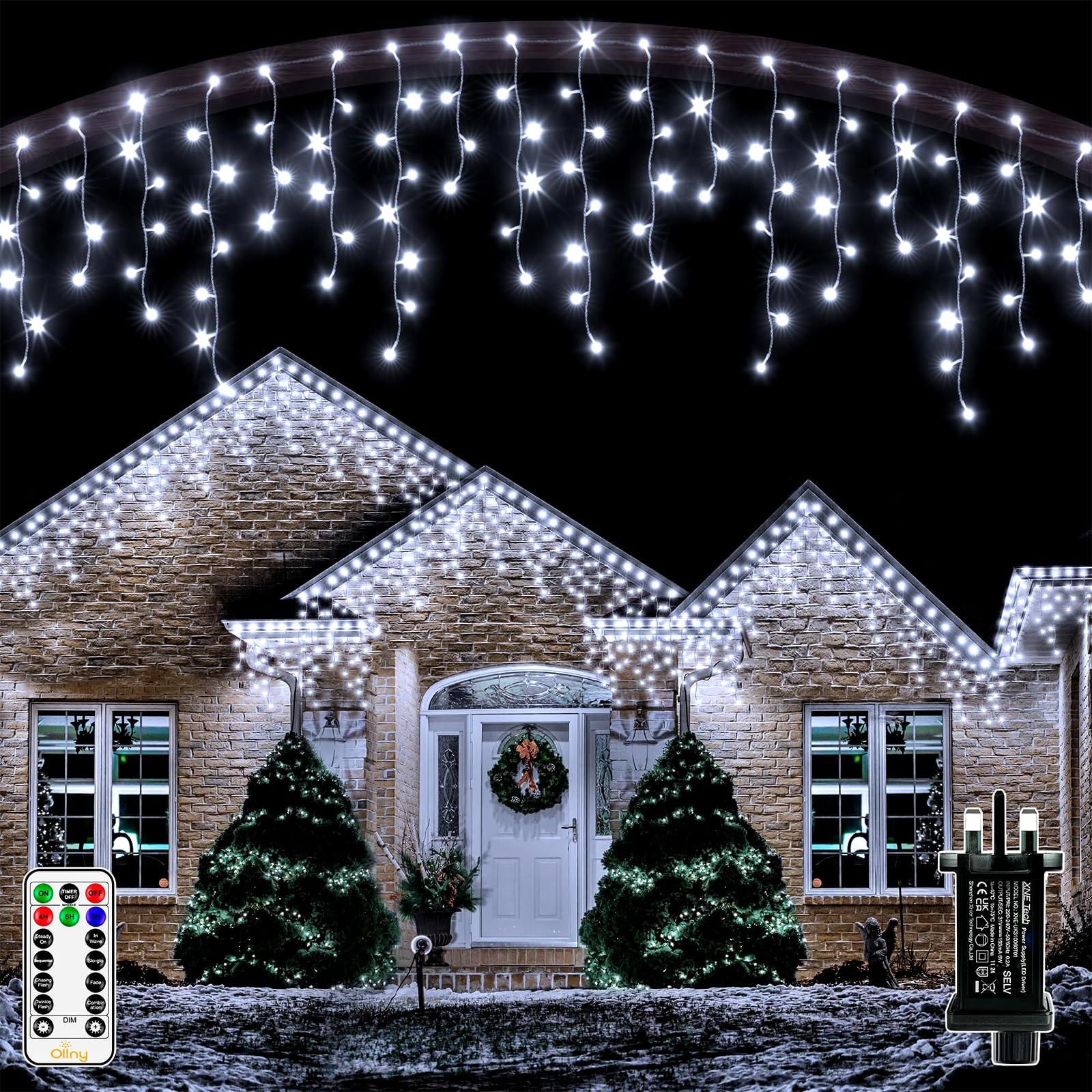 Ollny 25m 1000 Icicle Outdoor Christmas Lights, Cool White, Mains Powered — image 1
