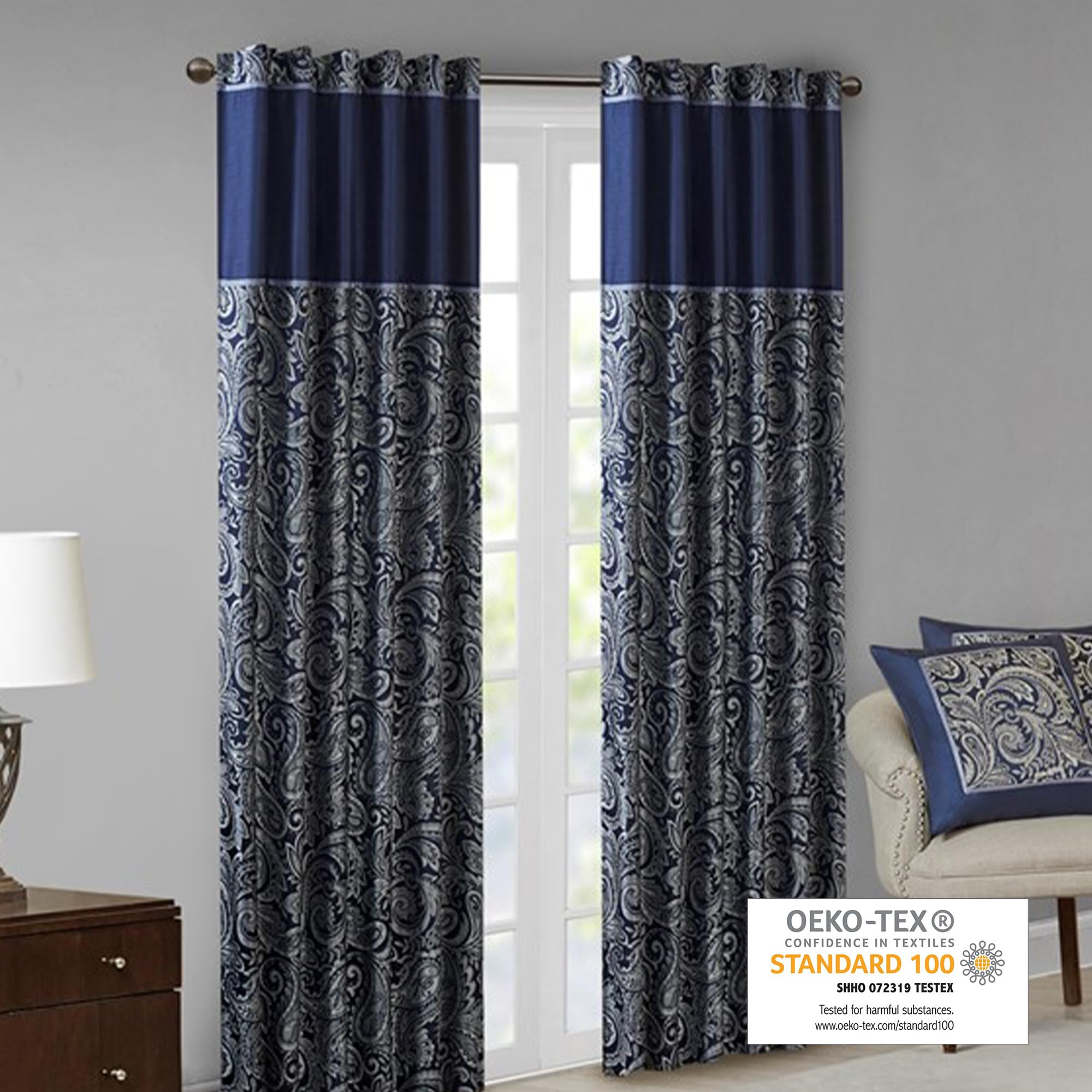 Madison Park Aubrey 2 Panel Curtain Faux Silk Paisley Jacquard, Rod Pocket Curtain for Living Room Kitchen - Image 2