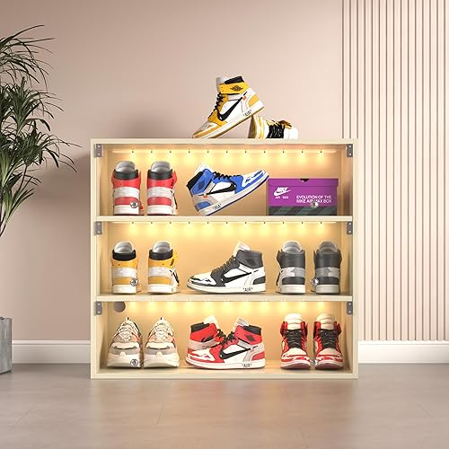 Miniatura 11 de Caja de Almacenamiento de Zapatos, Caja Organizadora de Zapatos de Madera con Puerta de Vidrio Abatible, Cajas de Zapatos de 3 Niveles con Luz LED