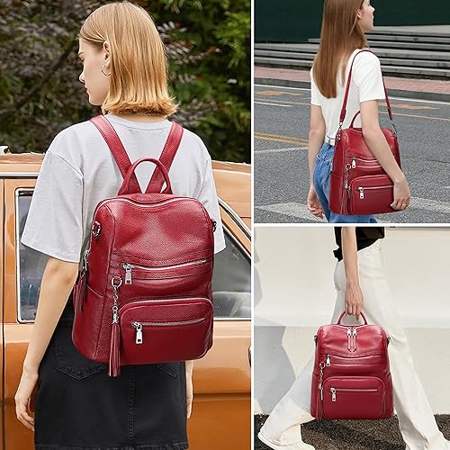 Miniatura 3 de ALTOSY Mochila Monedero de Cuero Genuino para Mujeres Bolso de Hombro Grande con Compartimento para Laptop Múltiples Bolsillos, Rojo vino, Mochilas