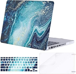 MOSISO Compatible with MacBook Pro 13 inch Case with CD-ROM (Model: A1278, Old Version Release 2012-2008), Plastic Creative Wave Marble Hard Shell Case & Keyboard Cover & Screen Protector, Blue