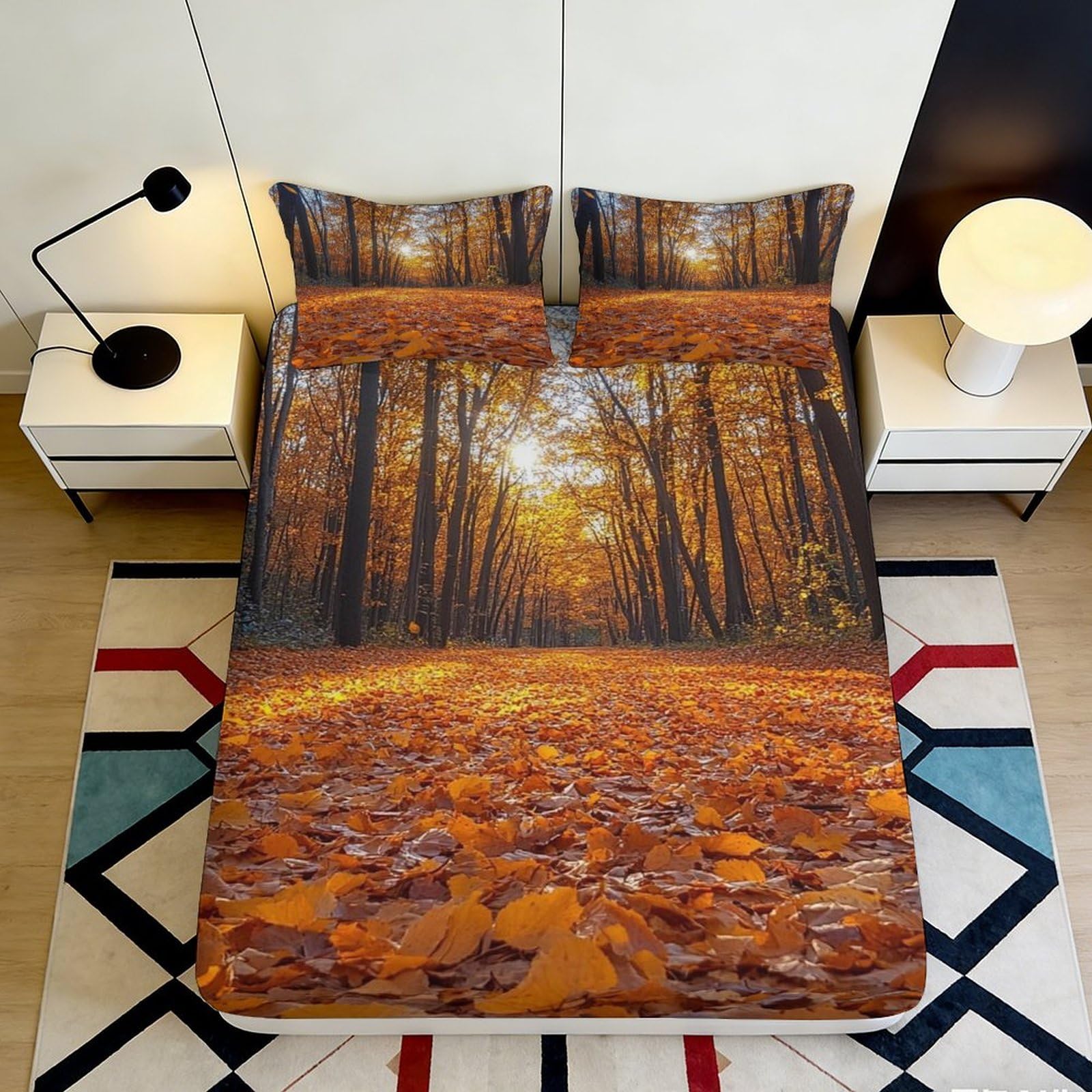3D Printed Autumn Forest Fitted Sheet Microfiber Non Slip Sunrise Woods Mattress Cover for Bedroom Dorm Home Decor 90x200x25cm