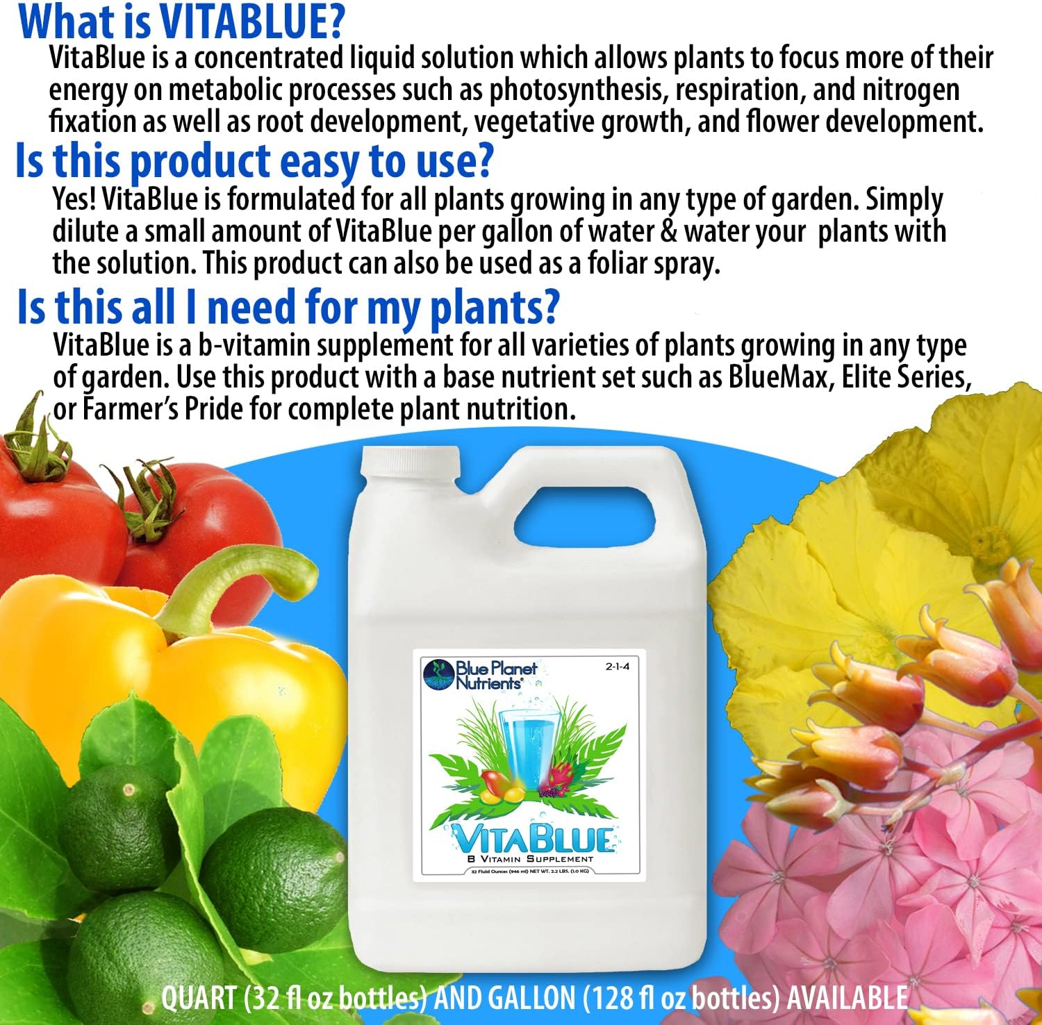 VitaBlue Complete B-Vitamin Supplement for Plants (32 oz) Vita Blue Quart | for All Plants & Gardens | Blue Planet Nutrients