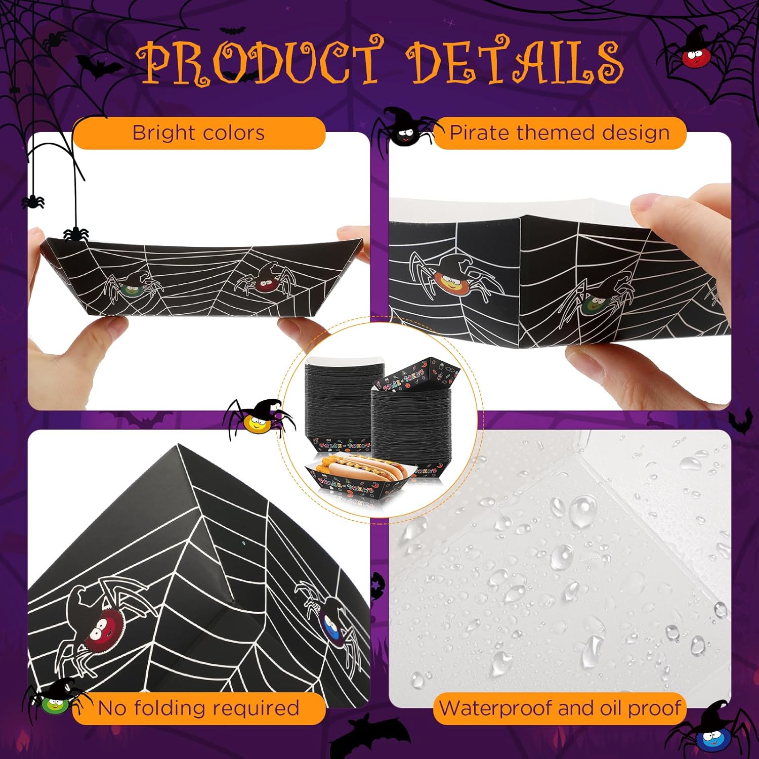 100 Pcs 2lb Halloween Paper Food Trays Halloween Party Supplies Spider Pirate Bloody Disposable Nacho Serving Trays Food Containers(Spider)