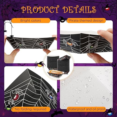 Miniatura 10 de 100 bandejas de papel de Halloween para alimentos, suministros de fiesta de Halloween, bandejas de nachos de 2 libras, araña, pirata, sangriento,