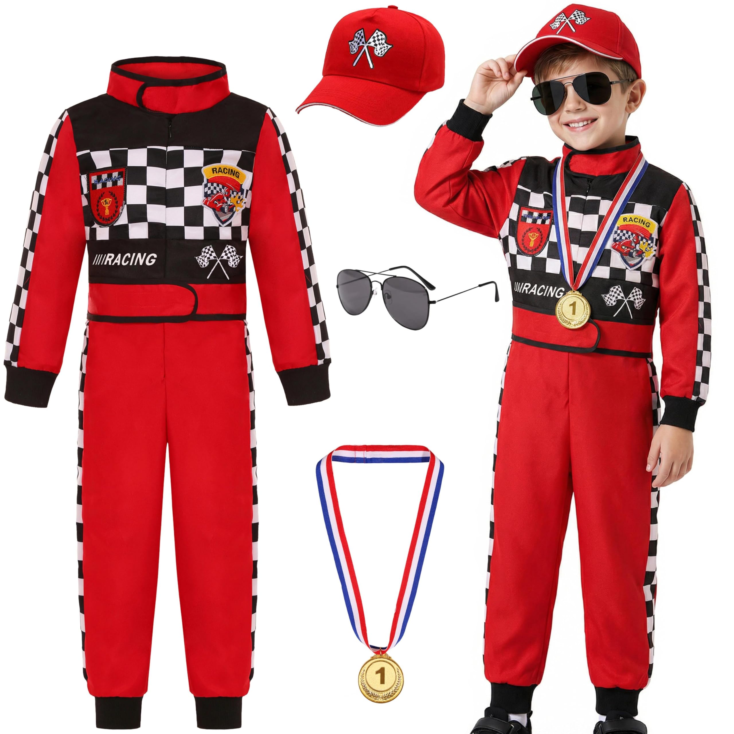 Kids Race Car Driver Costume Set Boys Girls Racer Jumpsuit Halloween Racer Cosplay Dress Up