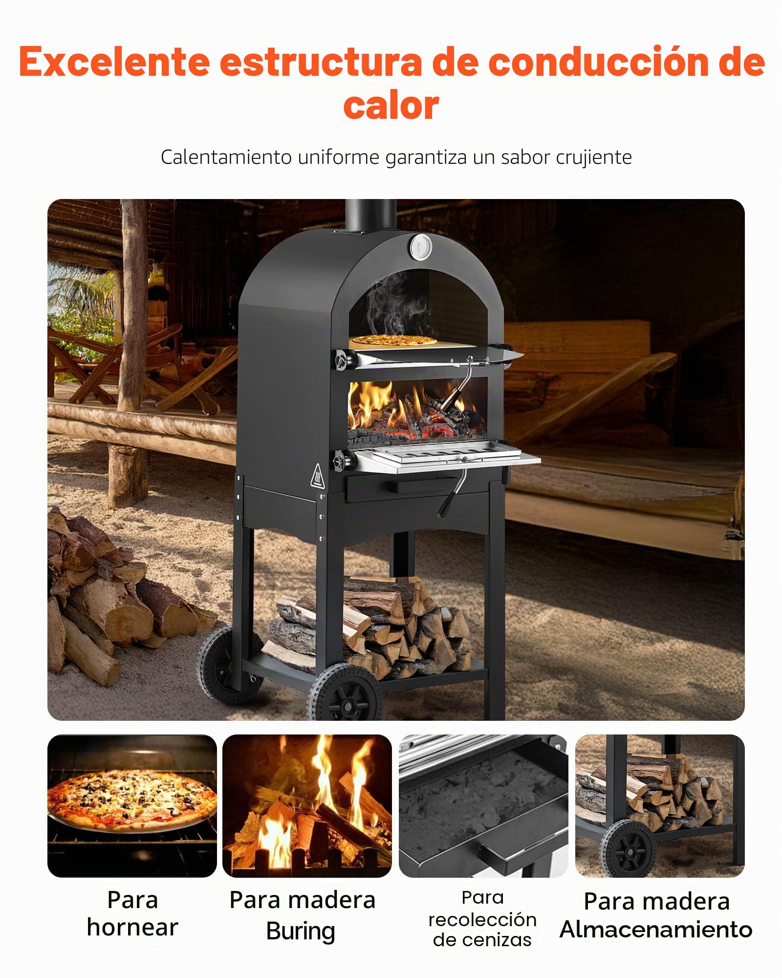 VEVOR Horno de Pizza de Pellets de Leña de 2 Capas, para Exteriores, con 2 Ruedas Extraíbles, Máquina para Hacer Pizzas con Una Temperatura Máxima de 540 °C para Asar, 540 x 445 x 1420 mm, Negro