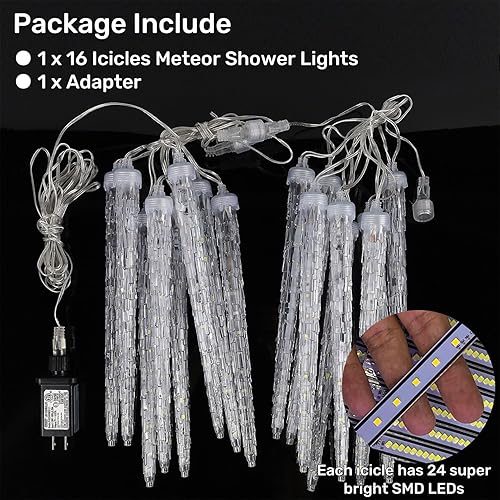 Miniatura 5 de WATERGLIDE 16 luces de lluvia de meteoritos de carámbanos, 12 pulgadas, luces de Navidad de carámbano para exteriores, 384 SMD LED, luz de caída de