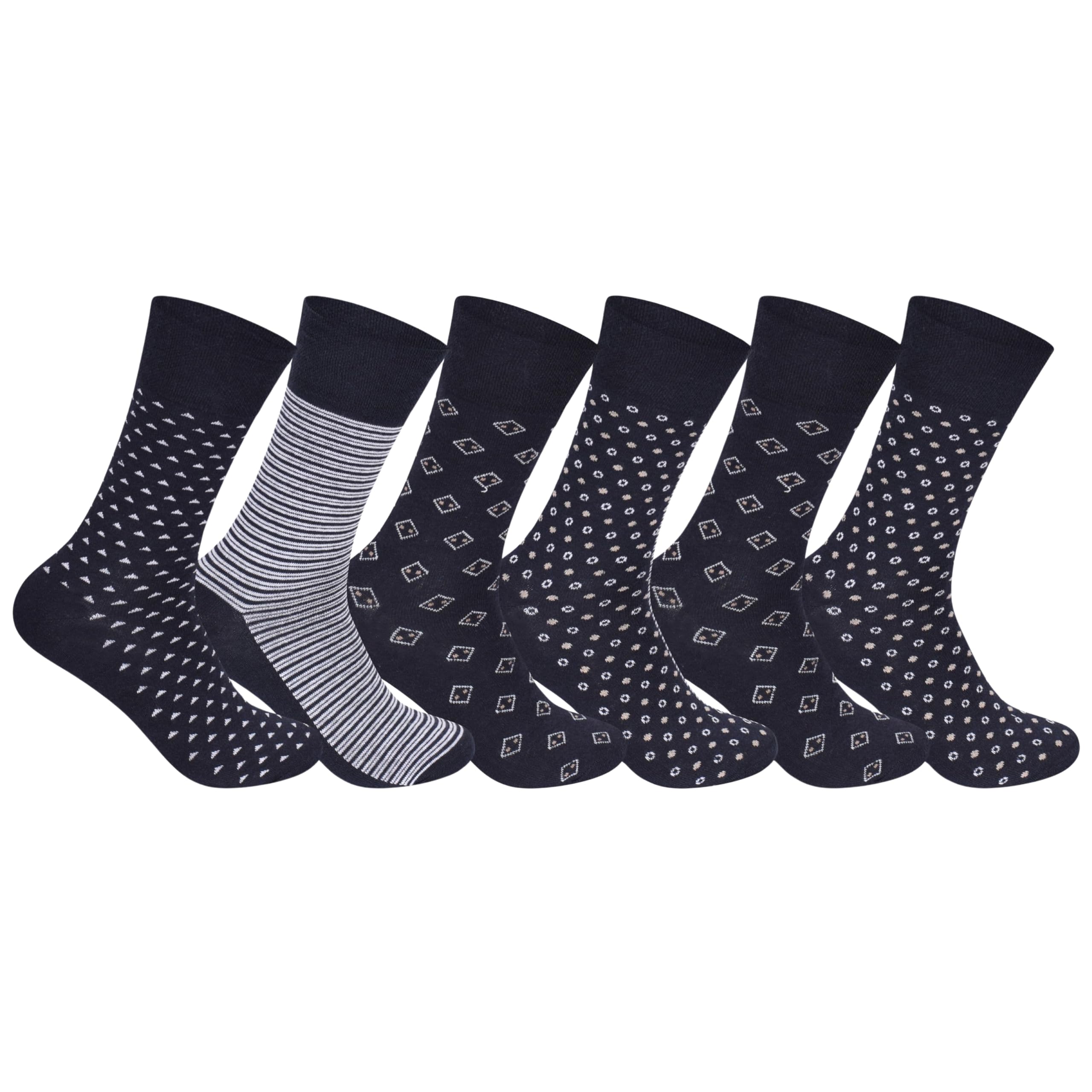 Shopmcr Men's Assorted Dotted / Striped 6 Pairs Easy Grip Diabetic Socks For – Non-Elastic Cuff, Smooth Toe Seam, Ideal For Neuropathy & Oedema, Uk Size 6-11 (6P, Dotted/Striped)