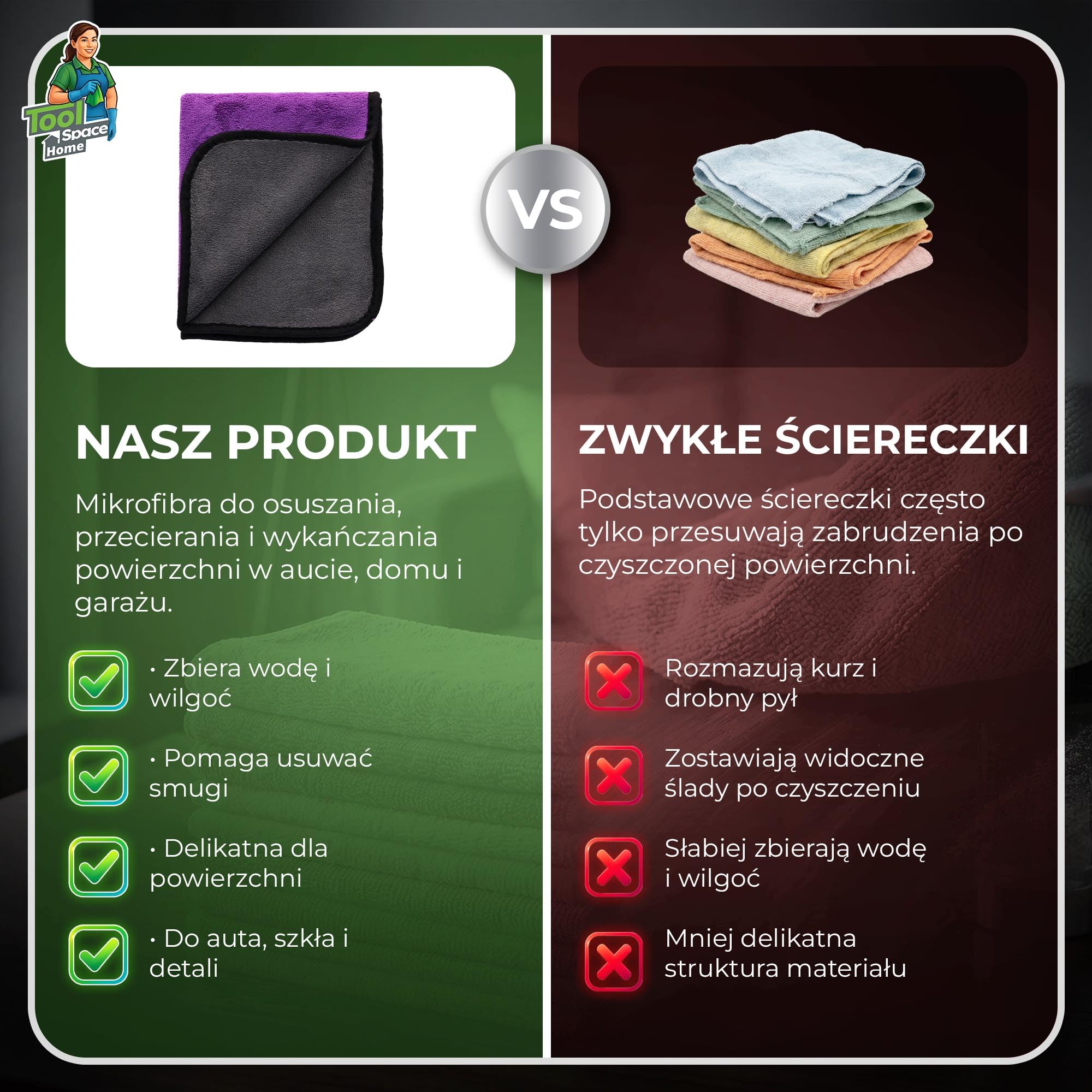 ToolSpace Ręcznik Samochodowy z Mikrofibry Premium 600 gsm 38x46cm 3 szt. do Osuszania Auta Lakieru Szyb Detailingu Chłonny Miękki Wielorazowy Bez Smug Zestaw do Pielęgnacji Samochodu Karoserii i Wody