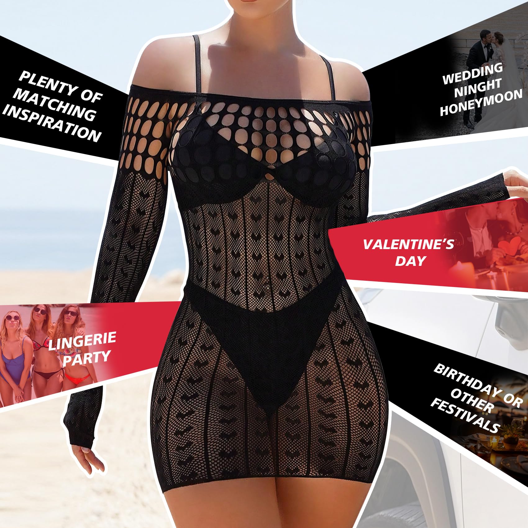 Famstar Sexy Lingerie for Women Naughty Fishnet Lingerie Set Bodysuit Outfits Erotic Sheer Mesh Teddies: One Size Black Bodysuit2