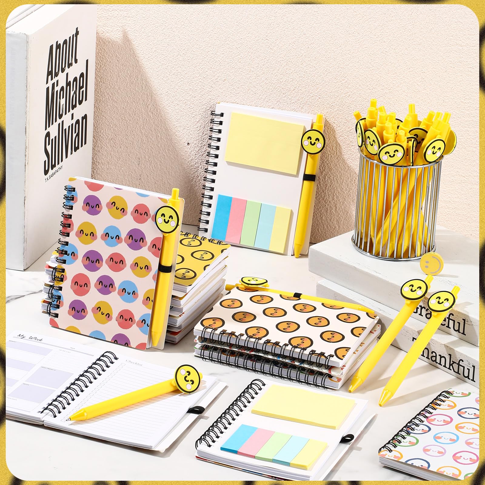 Sayglossy 72 quaderni con supporto emotivo sorridente con note adesive, penne a sfera Happy Face, regalo per il primo giorno di scuola, per studenti, insegnanti, colleghi (agenda settimanale)