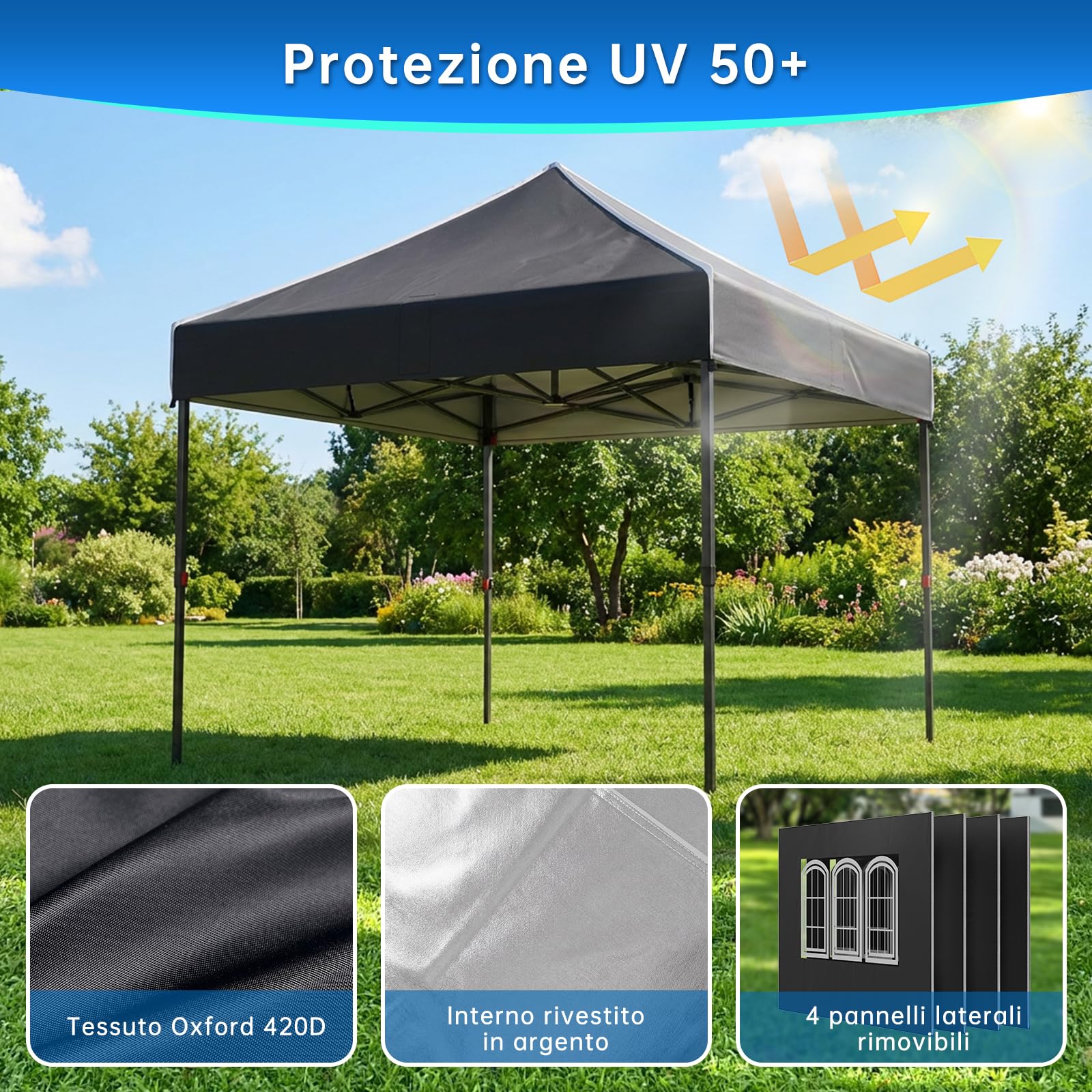Devoko Gazebo 3x3 impermeabile pieghevole con pareti laterali protezione UV 50+ nero