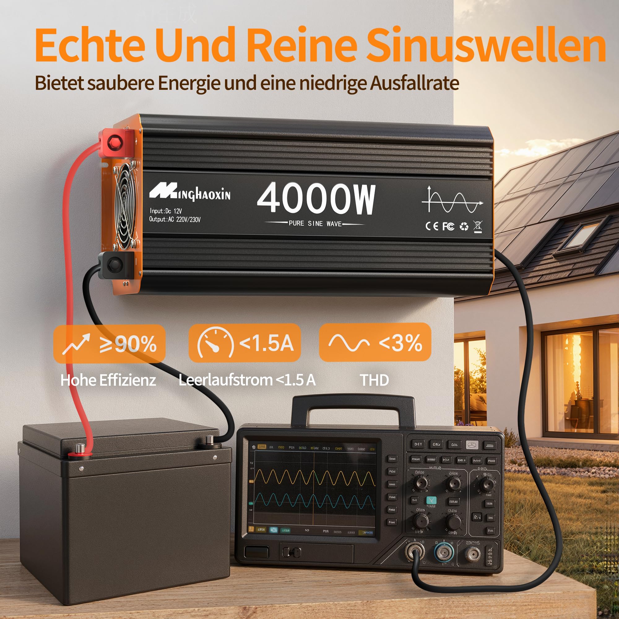 4000W Wechselrichter Reiner Sinus 12V auf 230V KFZ Spannungswandler mit LED AC Steckdosen, Solar Power Inverter für LKW, Haus, Fahrzeuge, Reise 8000W Peak KFZ Konverter