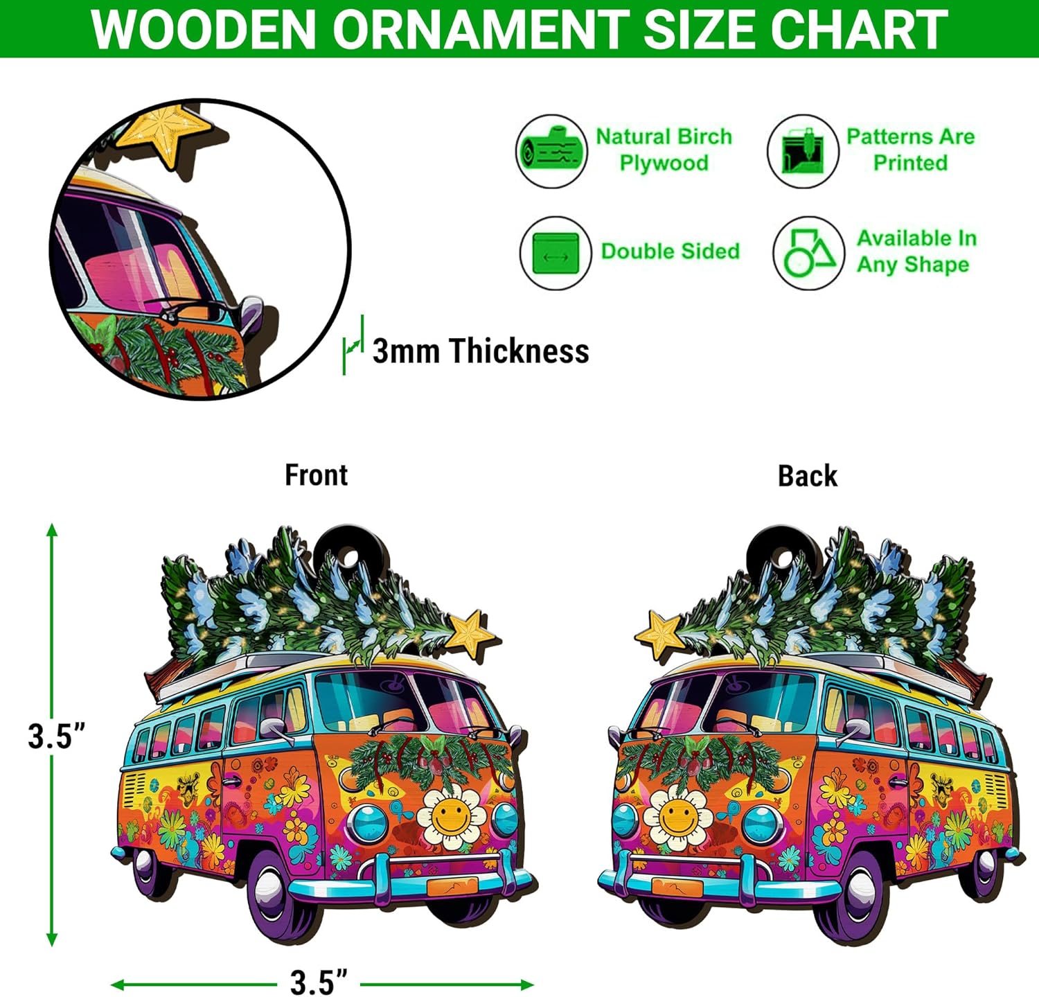 All Over Printed Hippie Bus Christmas Ornaments, Holiday Bus with Christmas Tree Ornaments - Gift for Hippie, Ornament 3.5 Inches for Decor - Image 2