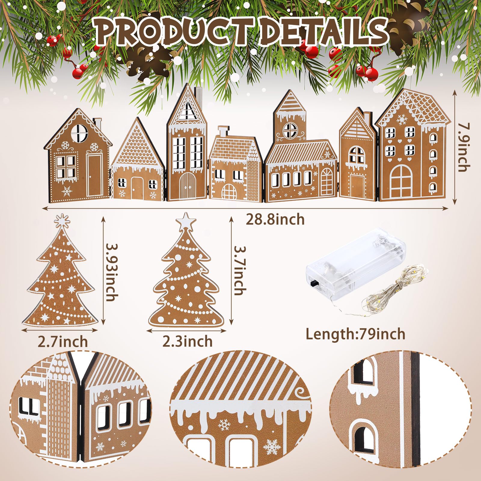 Retisee 1 lot de décorations de Noël en pain d'épices pliable avec lumière LED et 2 arbres de Noël, village de Noël, décoration d'intérieur, cadeau pour fête, 20 x 15 x 7 cm (pain d'épices, jaune)