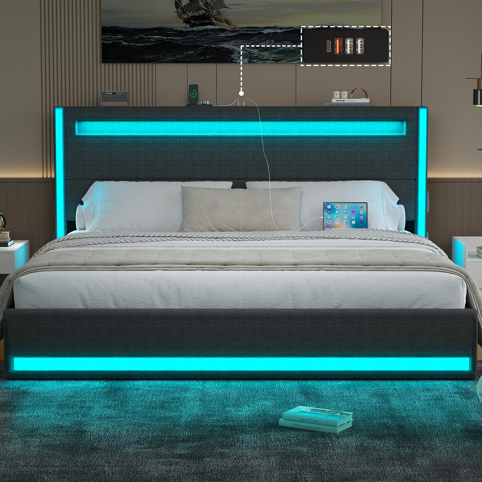 CSZZD King Size Bed Frame with Adjustable Headboard