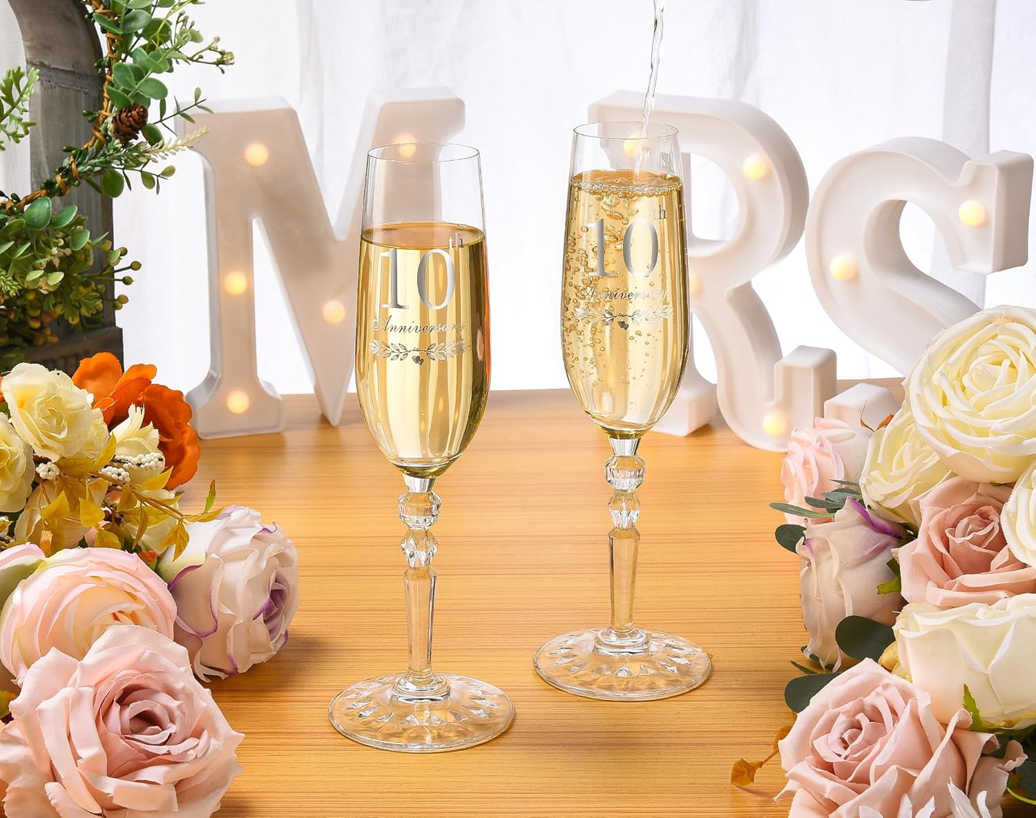 10th Anniversary Decorations Gifts for Couple, Classical Style 10th Wedding Anniversary Champagne Flutes Glasses, Crystal Champagne Glasses Set of 2, Gifts for husband, wife, Couple - Image 3