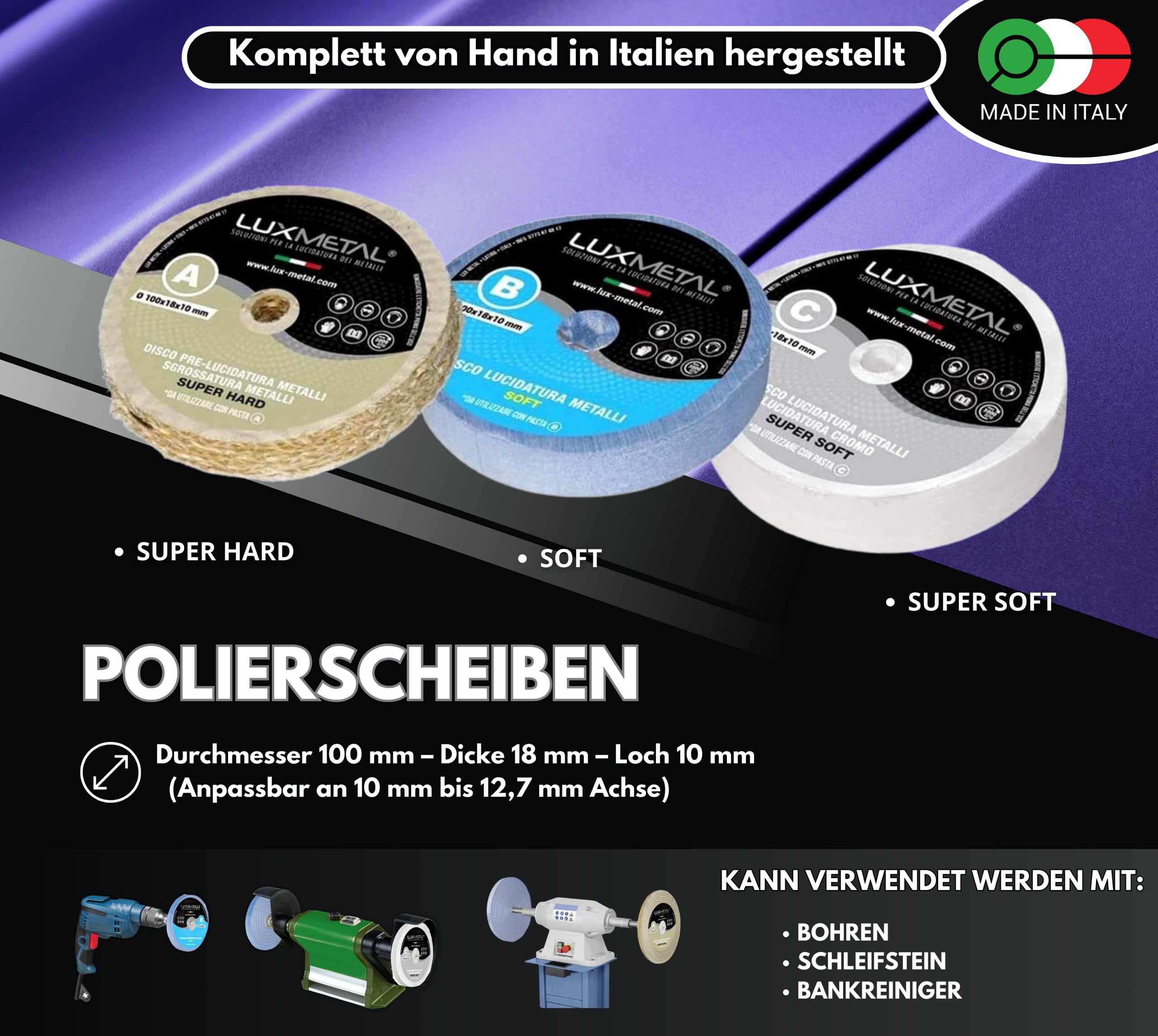 3 polierpaste 250 g - 3 Polierscheibe 100 mm, Polierset set DIY kit Schleifpaste Metall, Aluminium, für Bohrmaschine, Edelstahl, Messing, Kupfer, Holz, Kunststoff, schleifmaschinen, messer